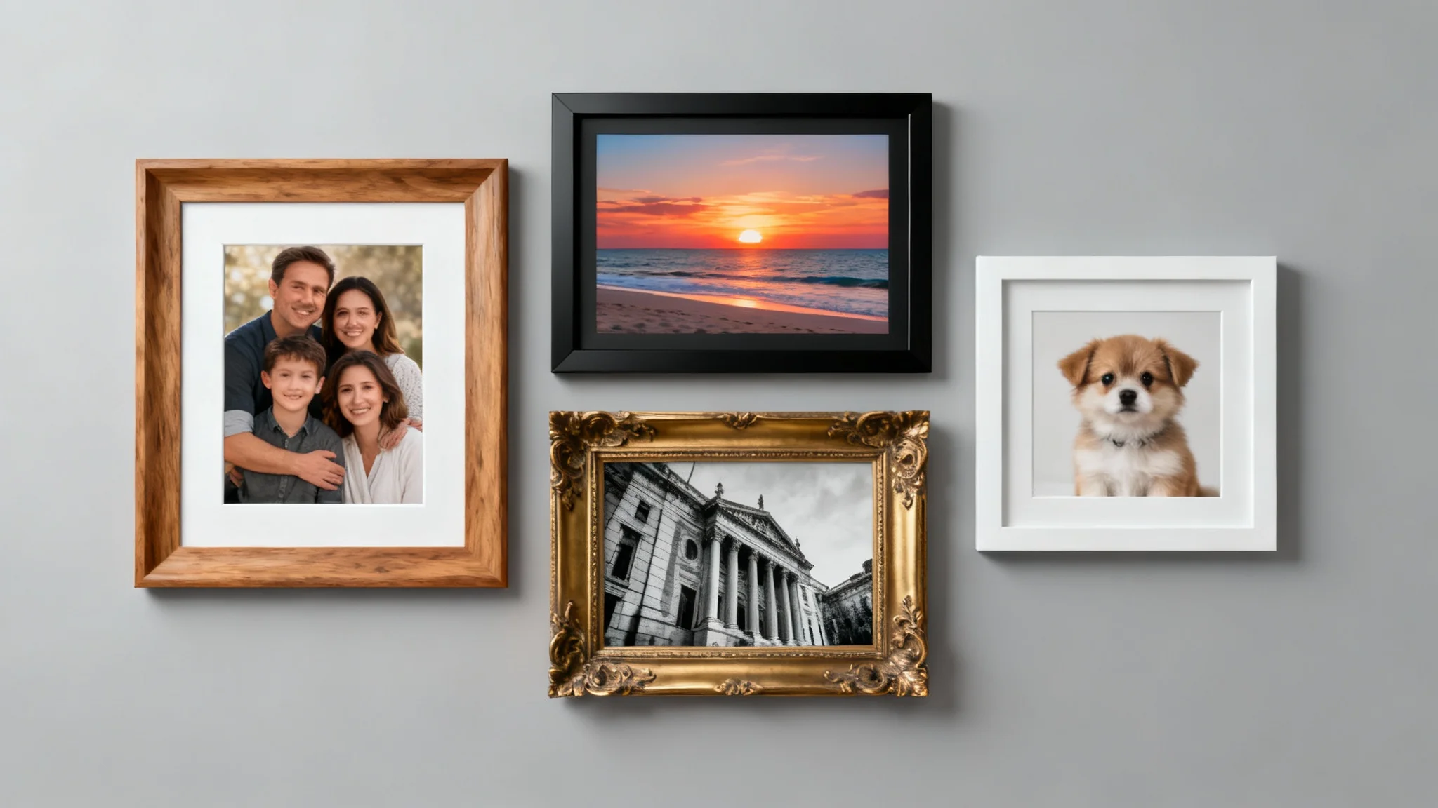 A digital gallery wall displaying four different photos in various stylish frames against a plain background, demonstrating a photo framing tool's results. Includes a family portrait, a landscape, an architectural shot, and a pet photo.