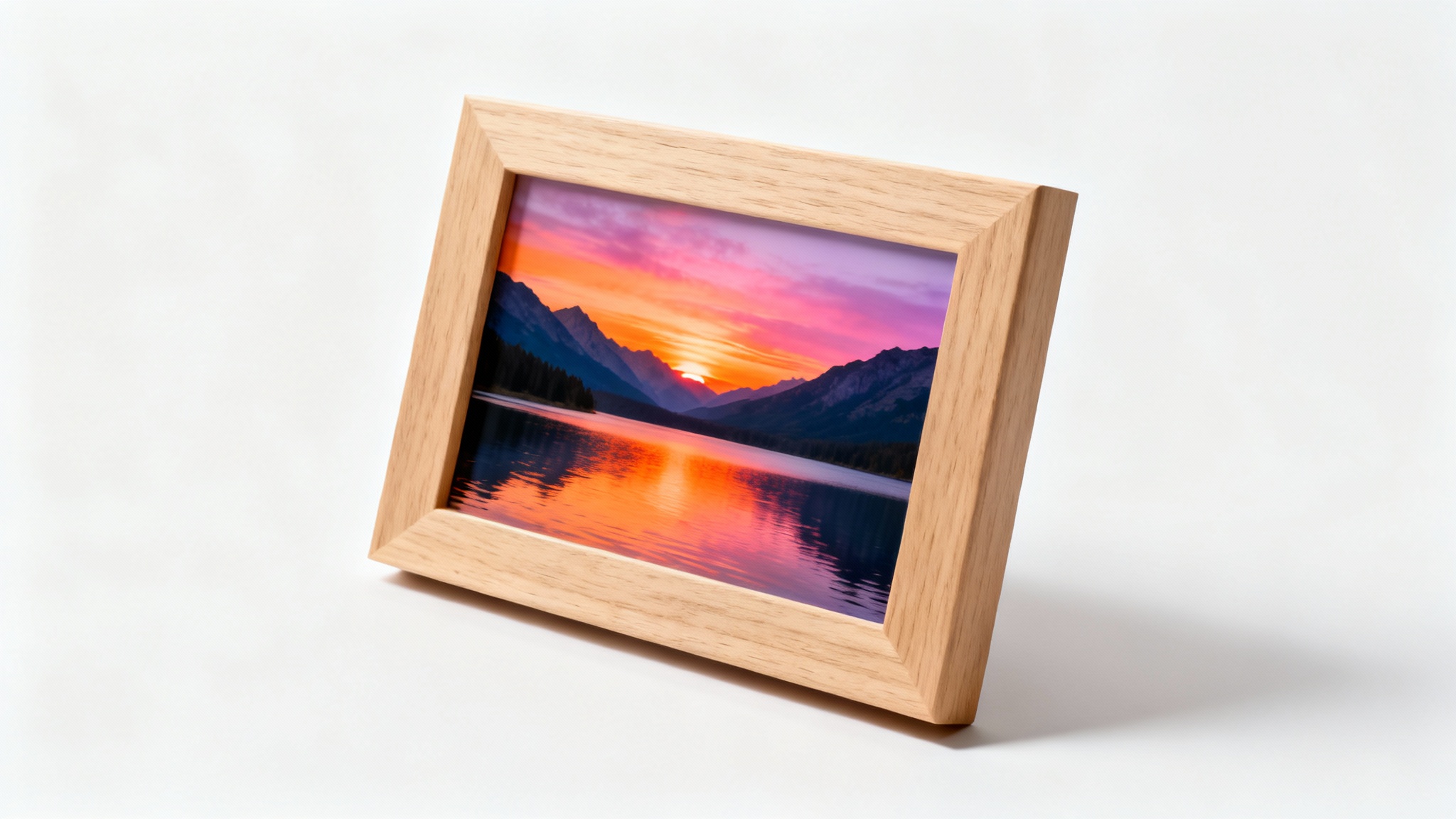 A beautifully framed photograph of a mountain sunset, showcased in a light oak wood frame against a clean white background.