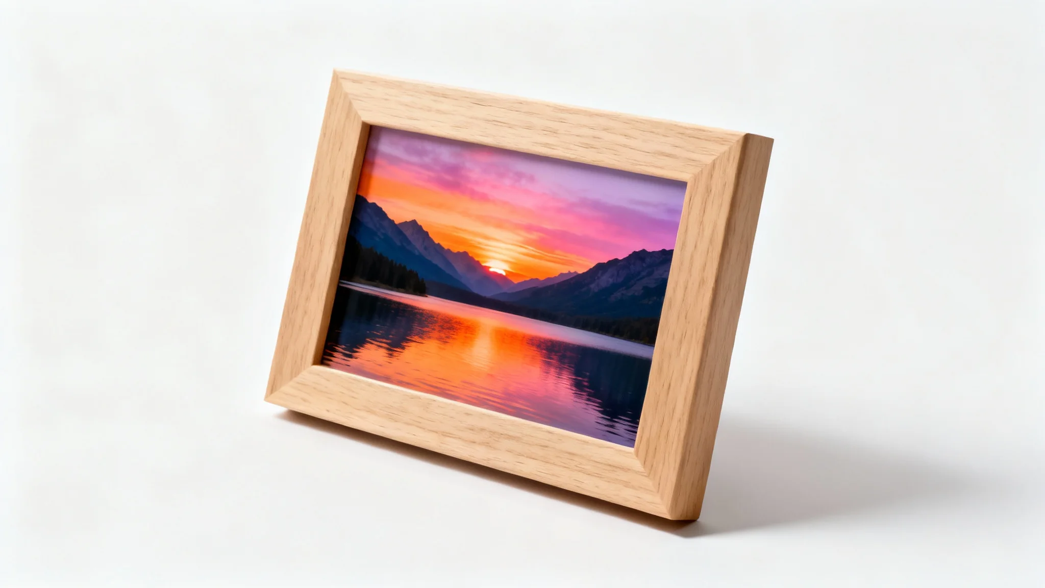 A beautifully framed photograph of a mountain sunset, showcased in a light oak wood frame against a clean white background.