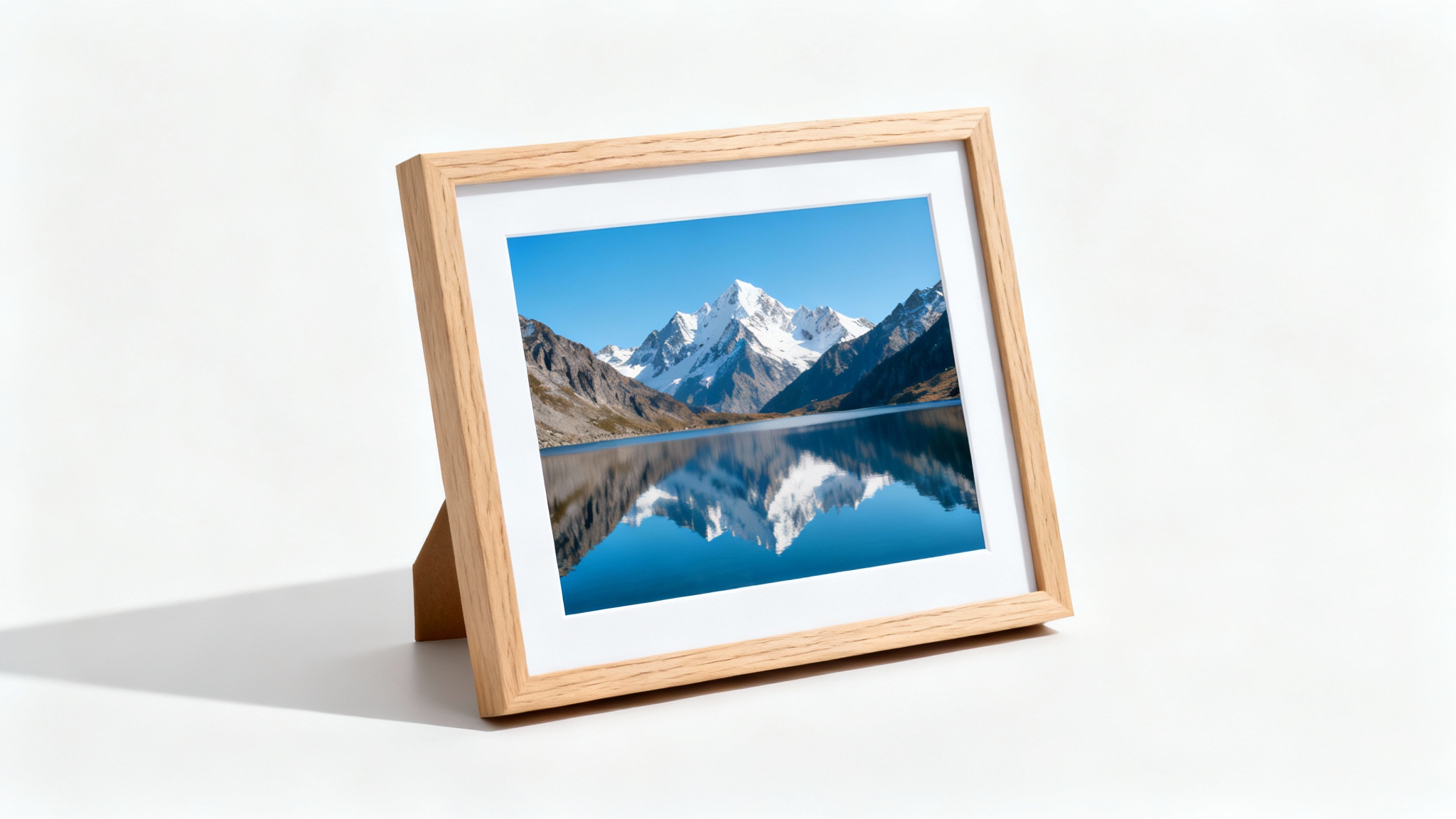 A photorealistic mockup of a light oak wood frame containing a photo of a mountain lake, standing on a white surface against a white background.