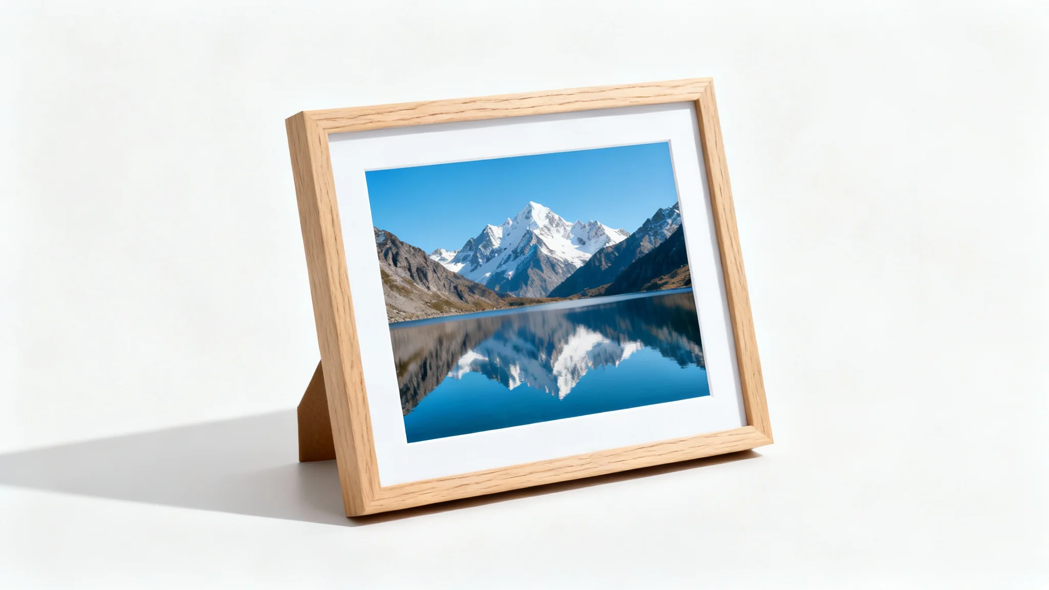A photorealistic mockup of a light oak wood frame containing a photo of a mountain lake, standing on a white surface against a white background.