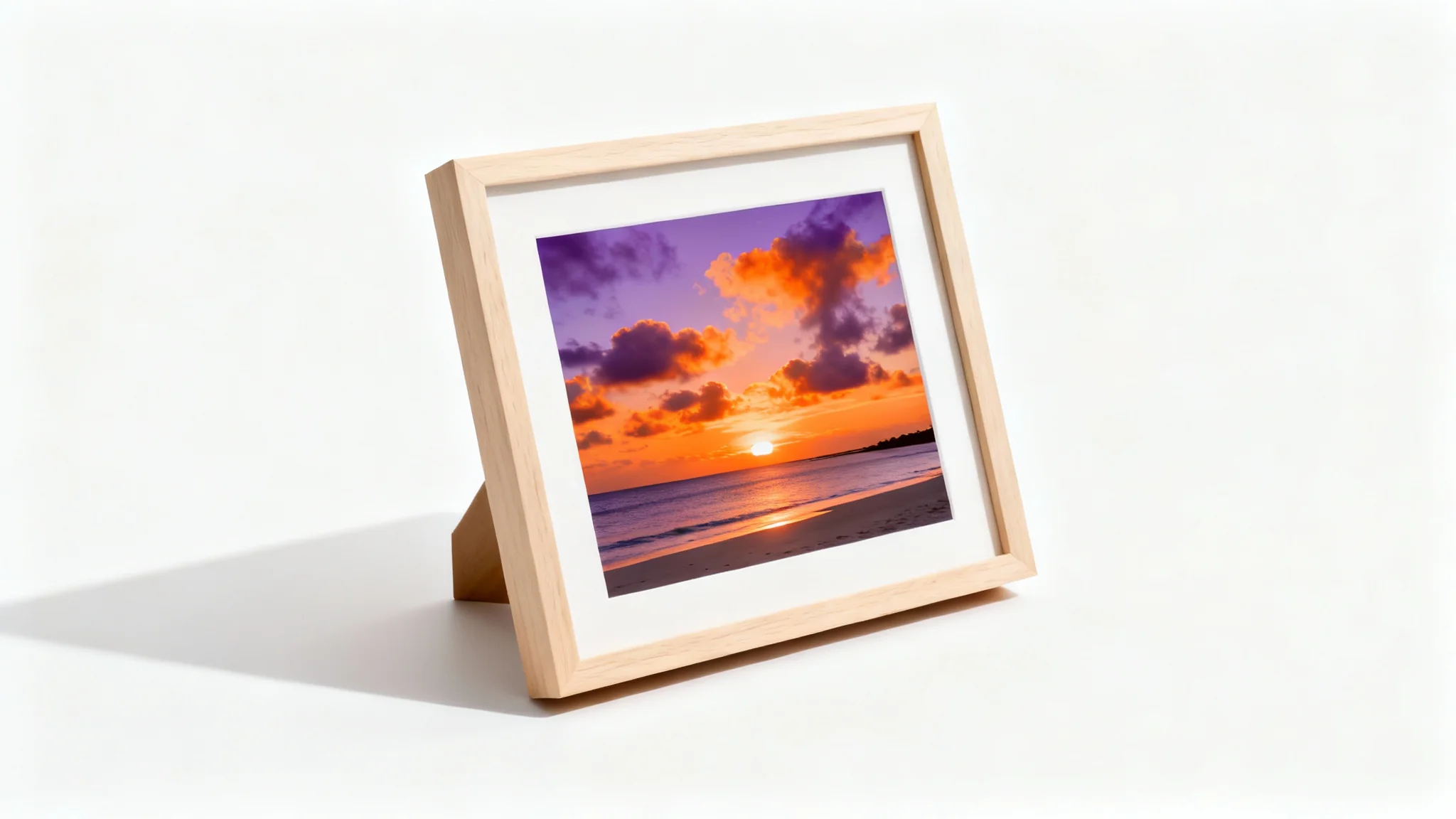 A photograph of a colorful beach sunset presented in a simple, light wood frame against a plain white background.
