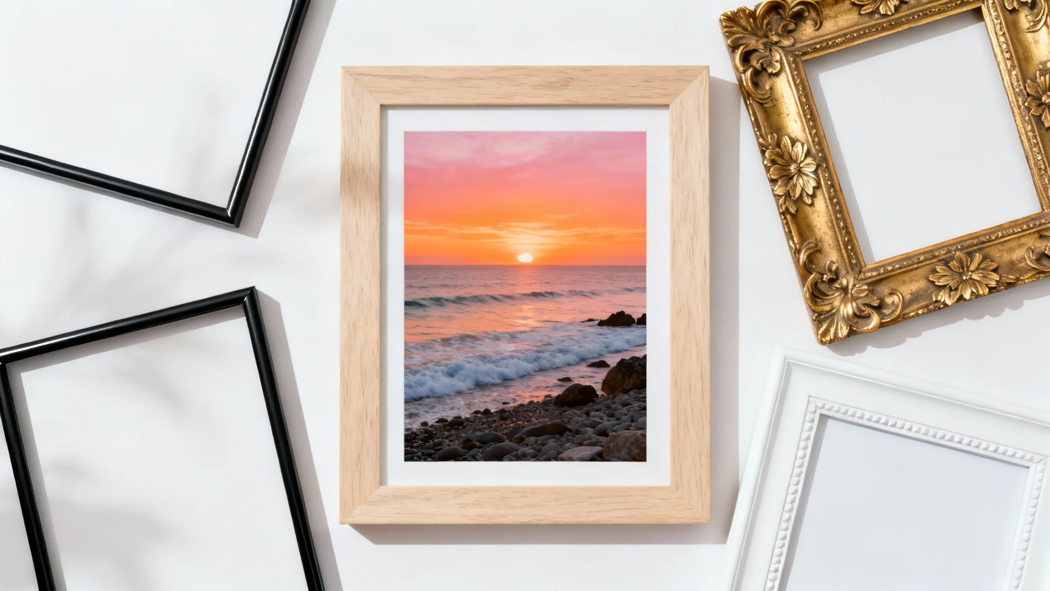 A flat lay of various stylish picture frames on a white background, with a central wooden frame holding a beautiful photograph of a coastal sunrise.