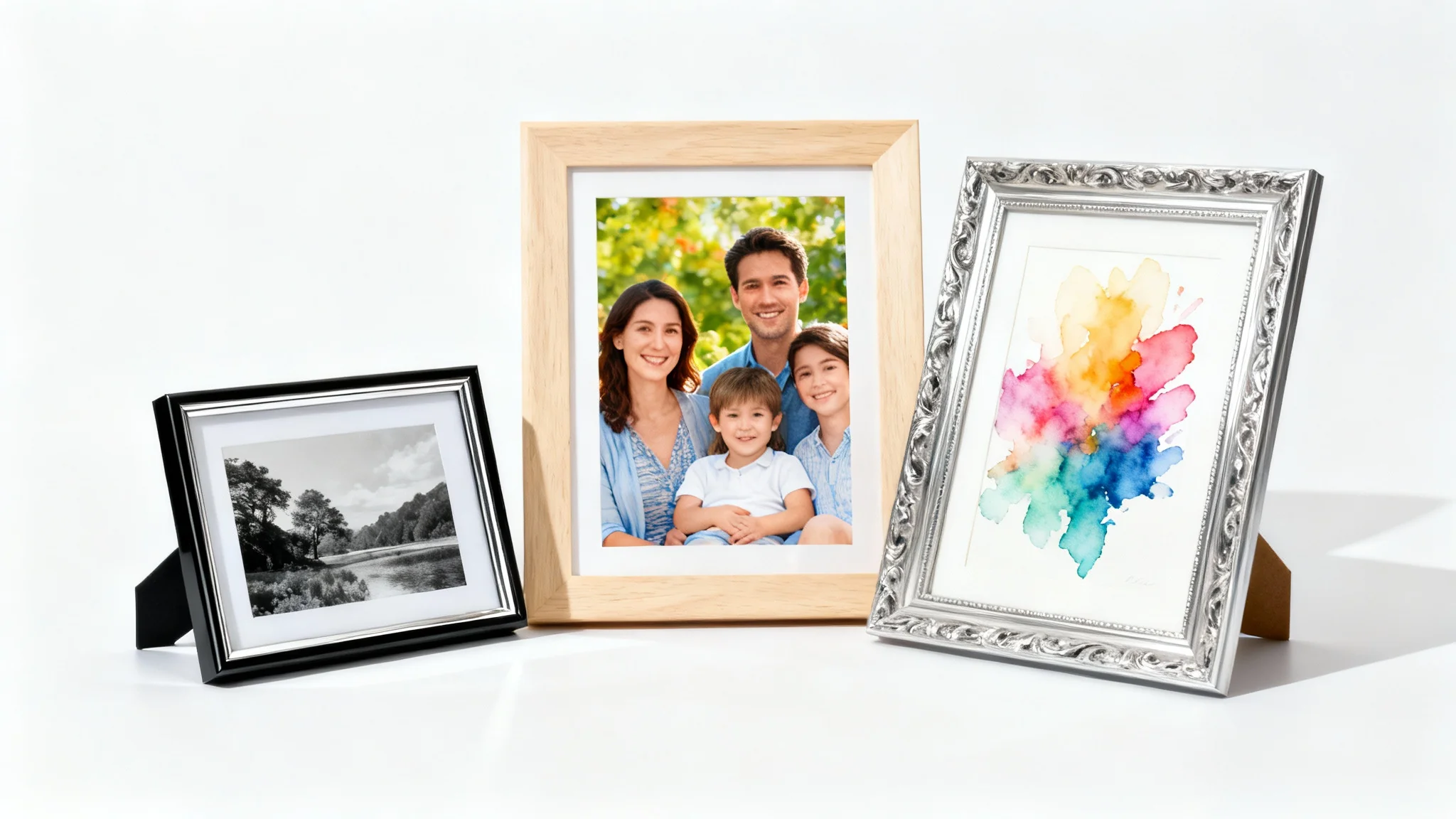 A collection of three different photo frames one wood, one black metal, and one silver, each containing a unique picture, arranged elegantly on a white background.