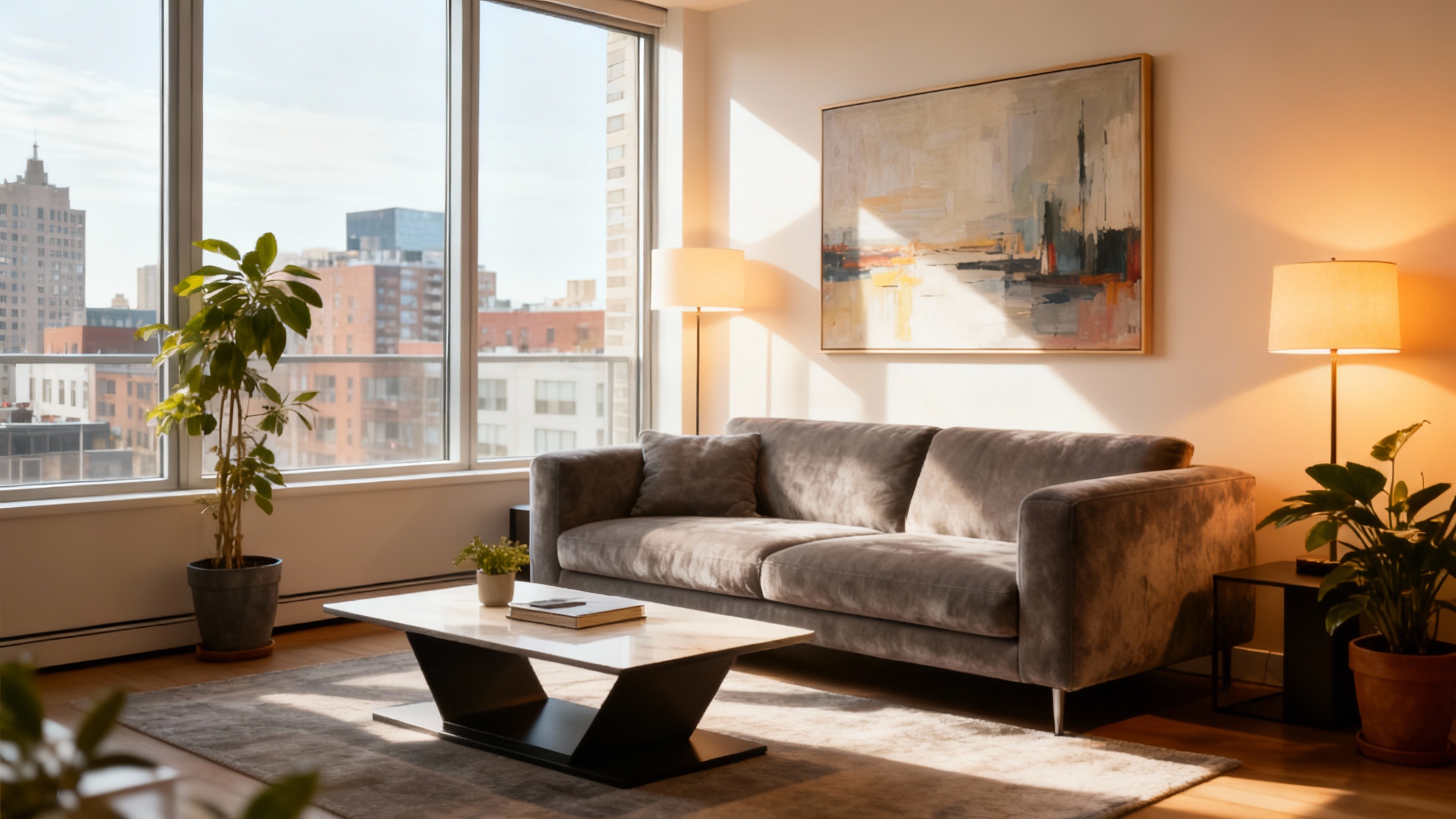 A professionally photographed modern living room with perfect, balanced lighting, demonstrating the enhanced result of a real estate photo editing tool.