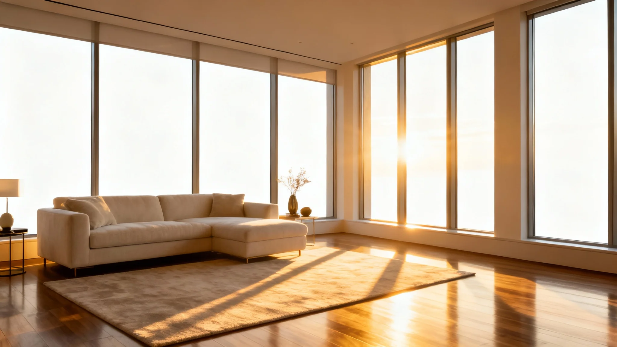 A beautifully lit living room in a real estate photo, with sunlight streaming through large windows, creating a warm and spacious feel, showcasing the effect of professional photo lighting.
