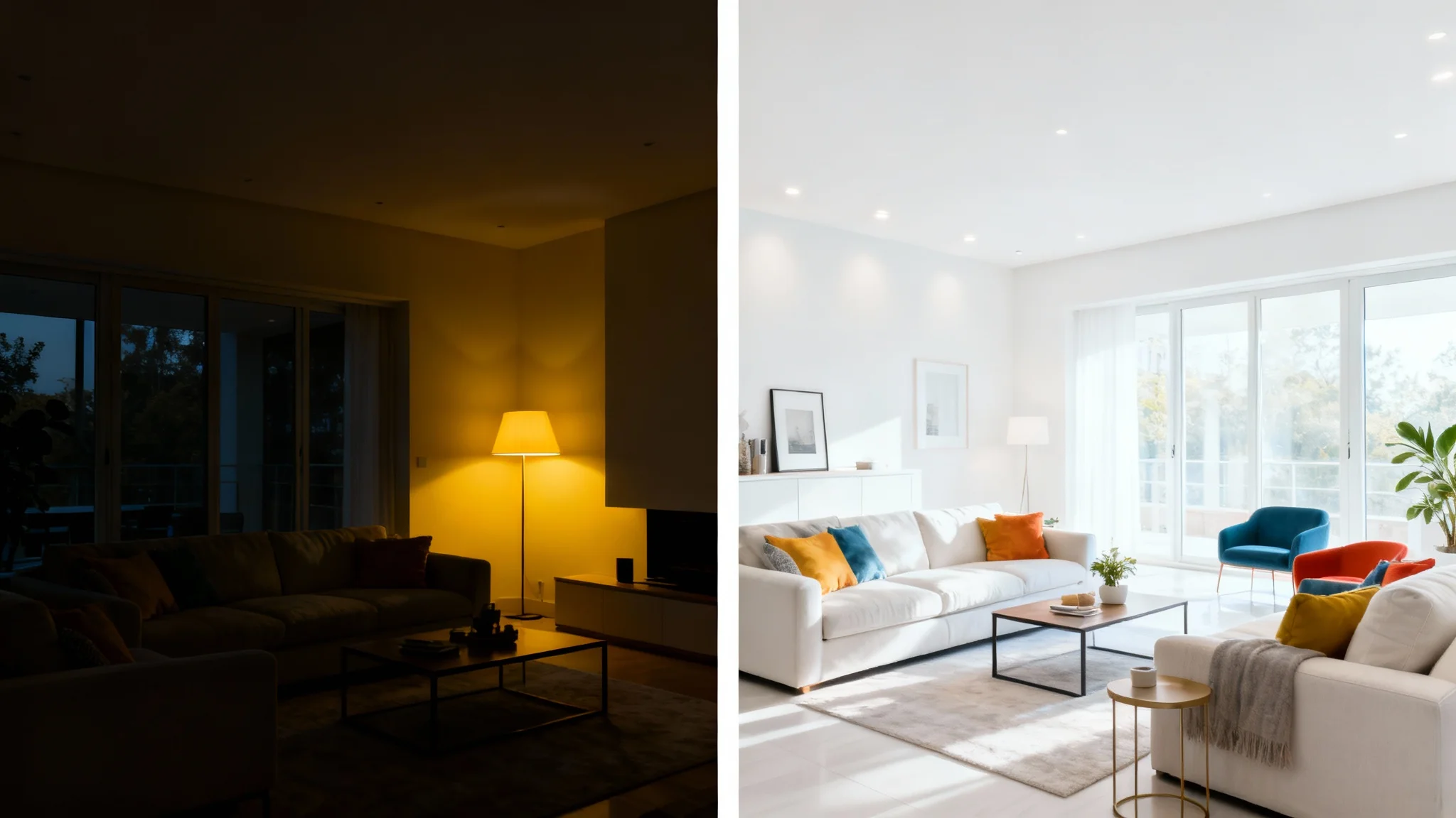 A side-by-side comparison photo of a living room. The left side is dark and poorly lit, while the right side is bright and professionally lit, demonstrating the powerful effect of good lighting in real estate photography.