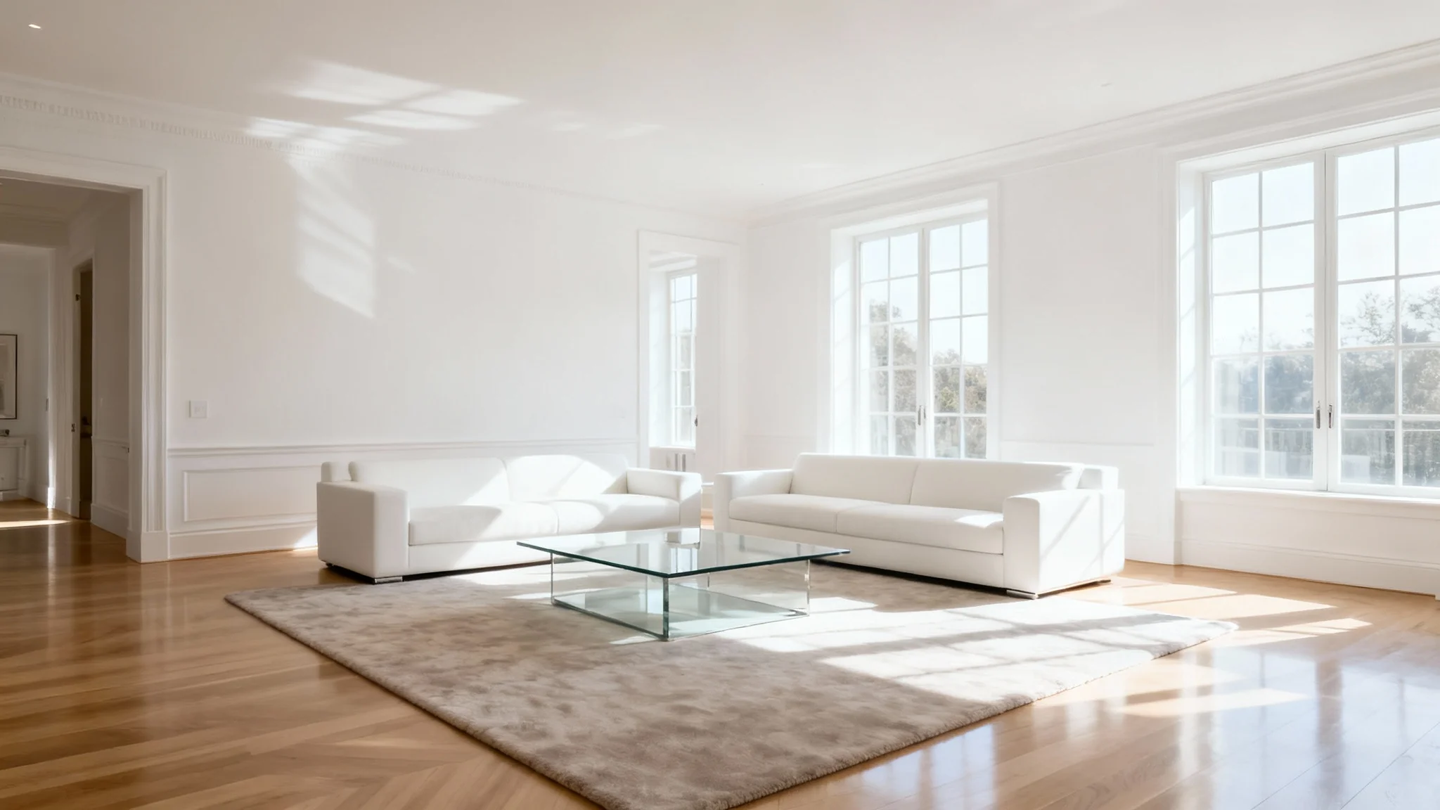 A professionally lit real estate photo of a bright and airy modern living room, demonstrating the effect of perfect lighting on a property's appeal.
