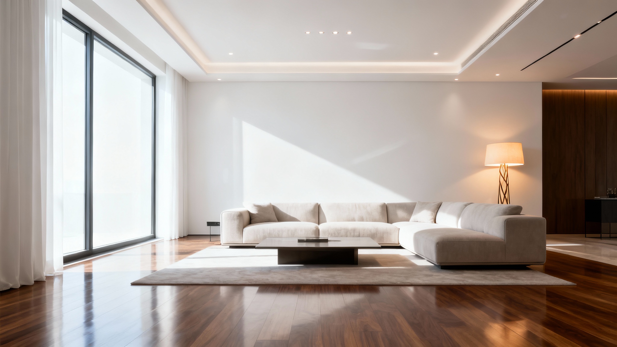 A real estate photo mockup showing a modern living room perfectly lit with both bright natural light from a window and warm ambient artificial lighting.