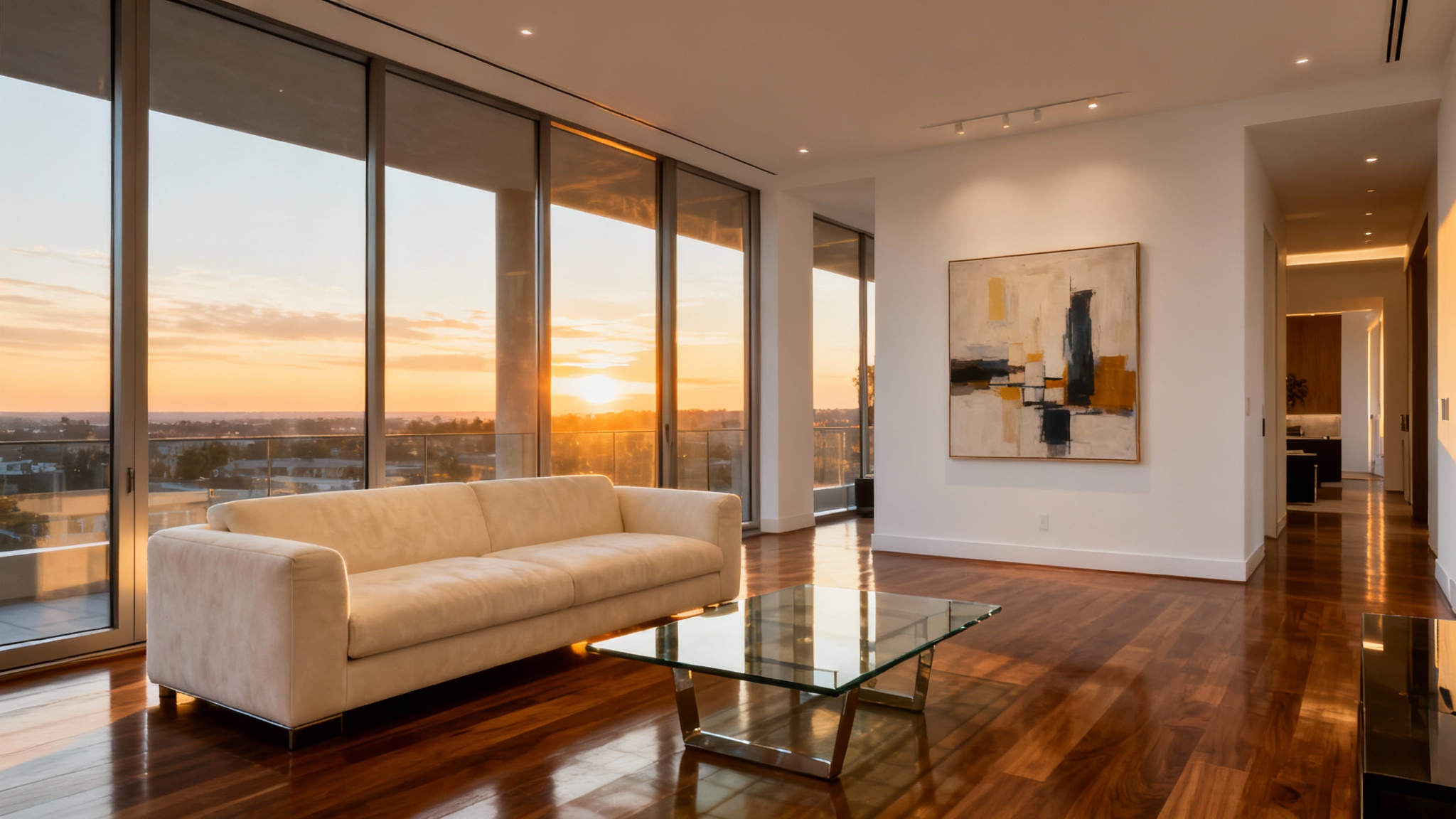 A beautifully lit, modern living room at sunset, showcasing professional real estate photography with warm, inviting light from both the window and interior lamps.