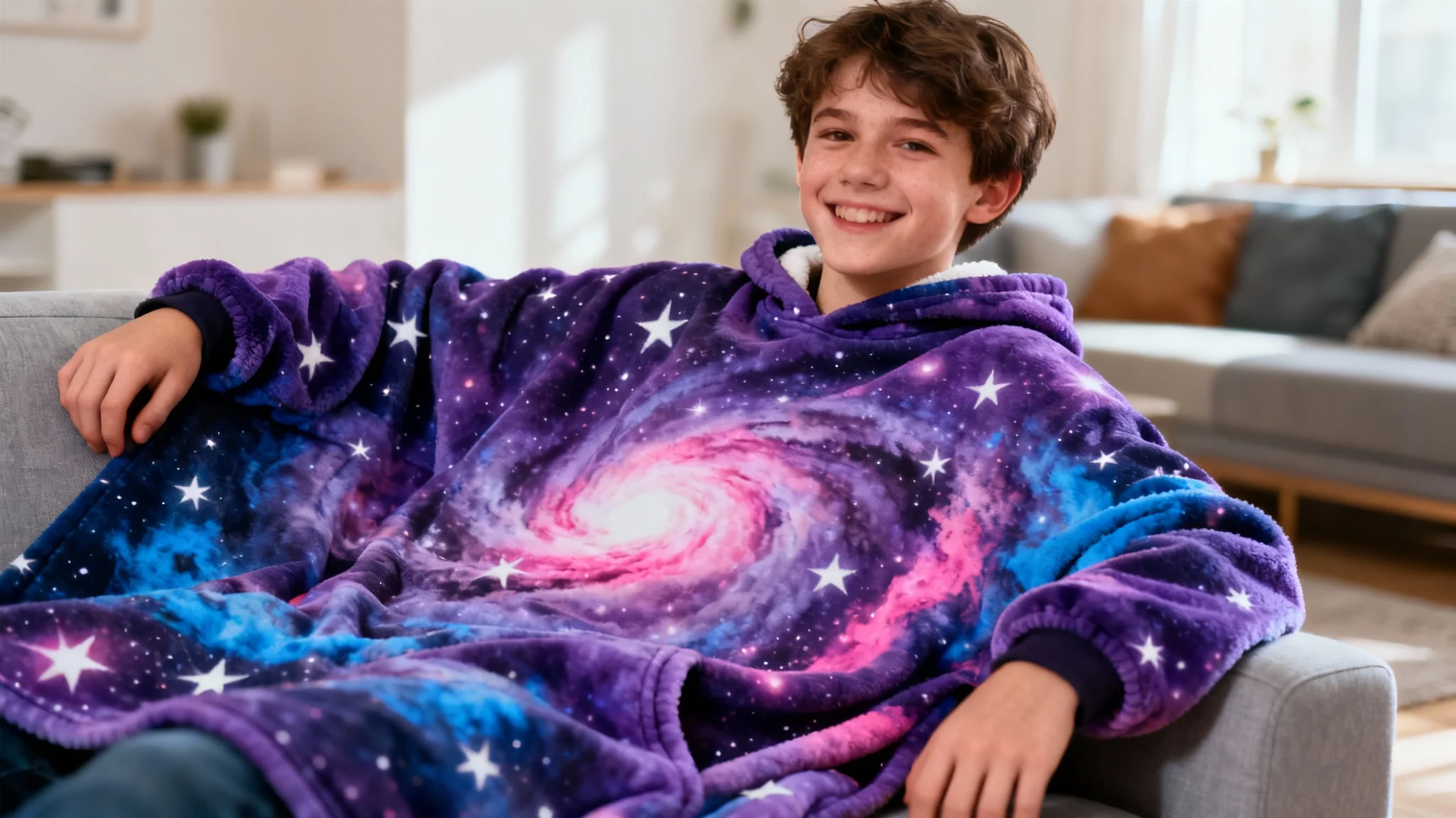 A person wearing a custom-designed blanket hoodie with a vibrant galaxy and nebula pattern, relaxing on a couch in a modern living room.