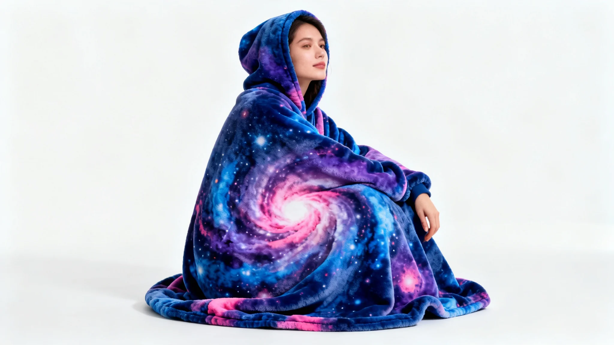 A photorealistic mockup of a person wearing a large, comfortable blanket hoodie with a vibrant galaxy pattern against a clean white background.