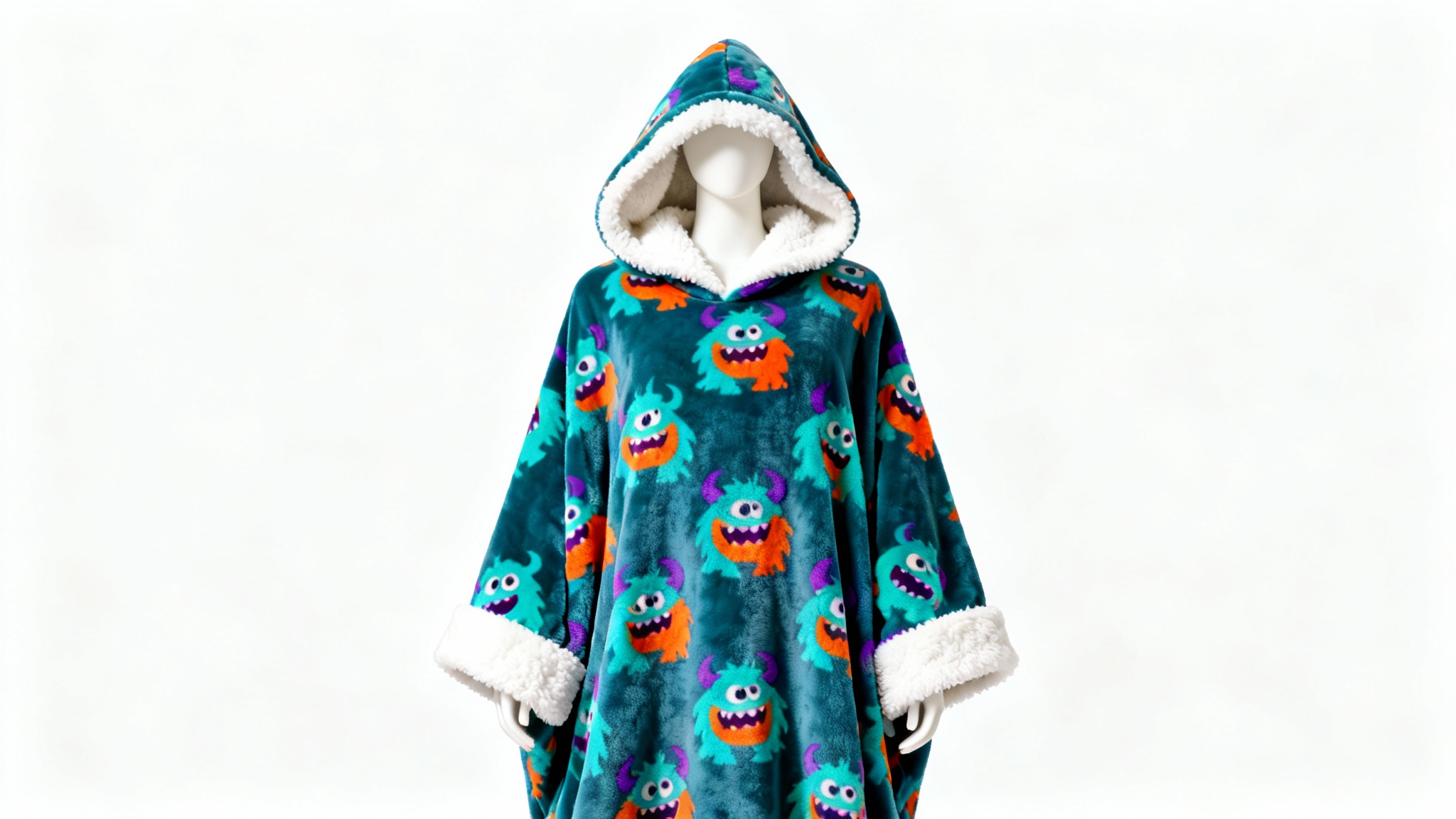 A professional product shot of an oversized blanket hoodie with a colorful, playful monster pattern, displayed against a clean white background, showcasing its plush fleece and fluffy sherpa lining.