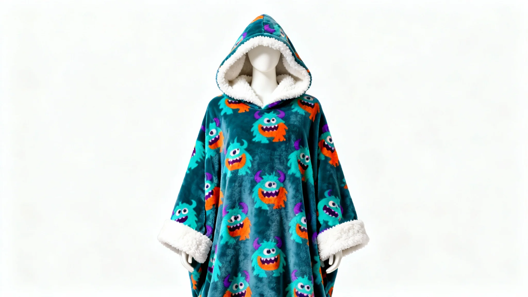 A professional product shot of an oversized blanket hoodie with a colorful, playful monster pattern, displayed against a clean white background, showcasing its plush fleece and fluffy sherpa lining.