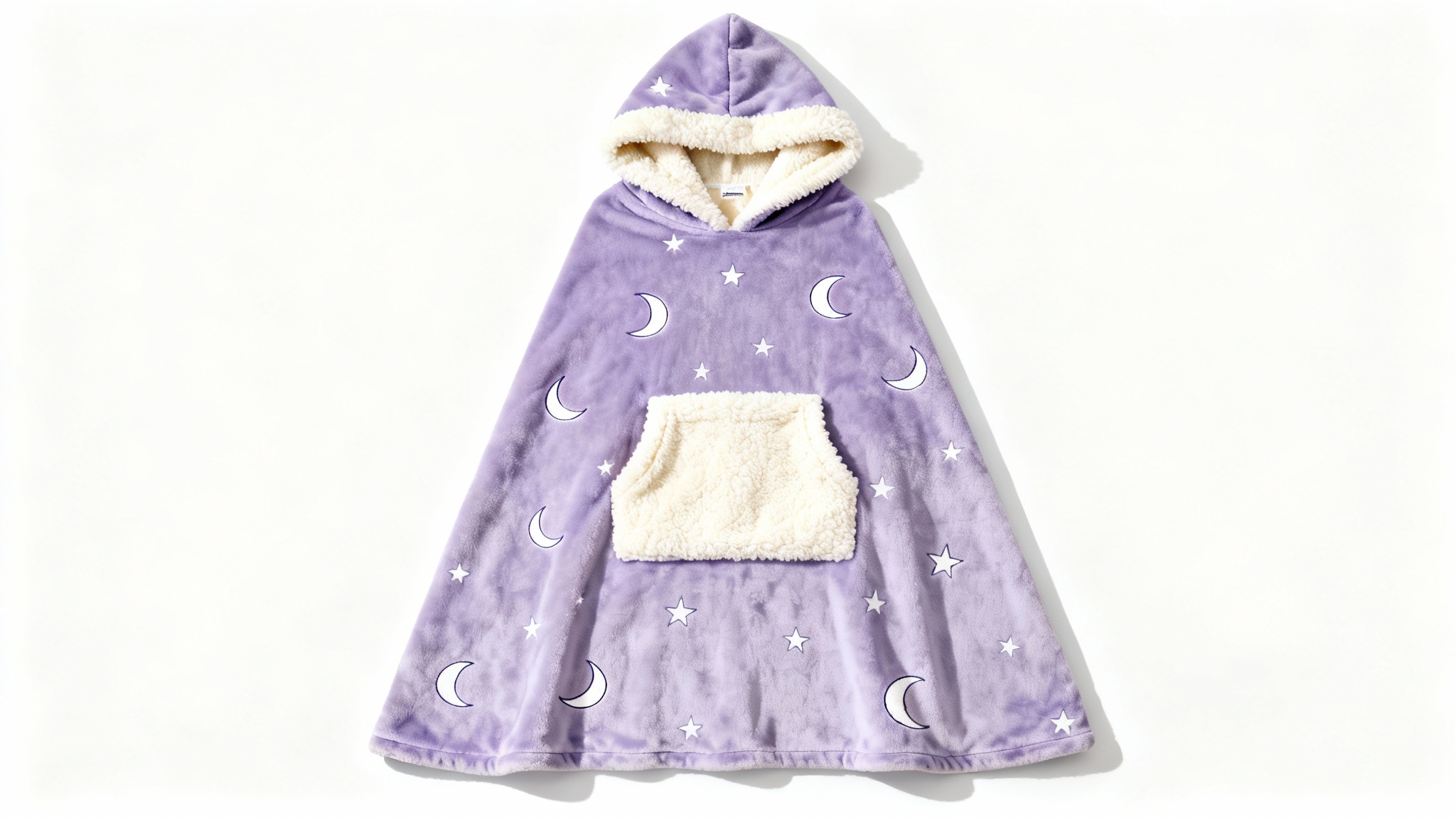 A photorealistic mockup of a lavender-colored blanket hoodie with a white moon and stars pattern, laid flat on a white background to showcase its design and plush texture.