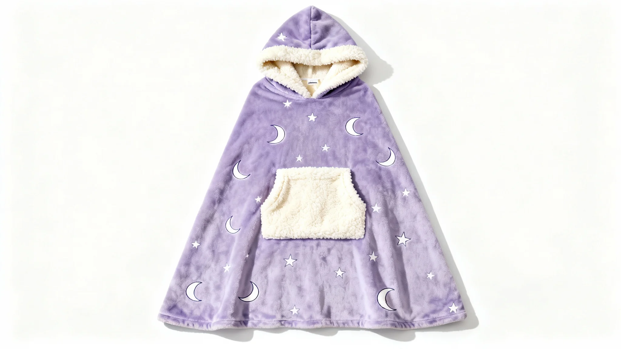 A photorealistic mockup of a lavender-colored blanket hoodie with a white moon and stars pattern, laid flat on a white background to showcase its design and plush texture.