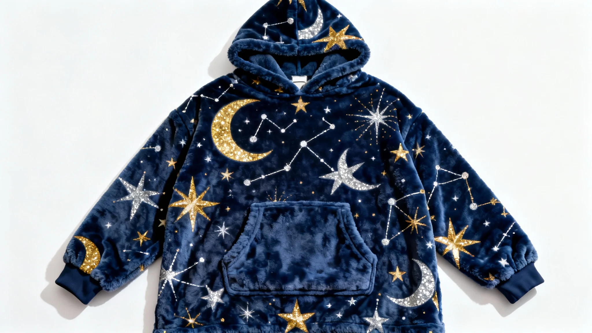 A flat lay product mockup of a cozy, oversized blanket hoodie with a celestial star and moon pattern, displayed on a plain white background.
