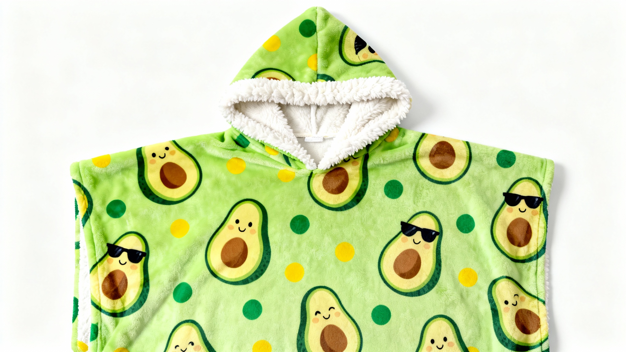 A flat lay photograph of a cozy, oversized blanket hoodie with a fun cartoon avocado pattern, displayed on a clean white background.
