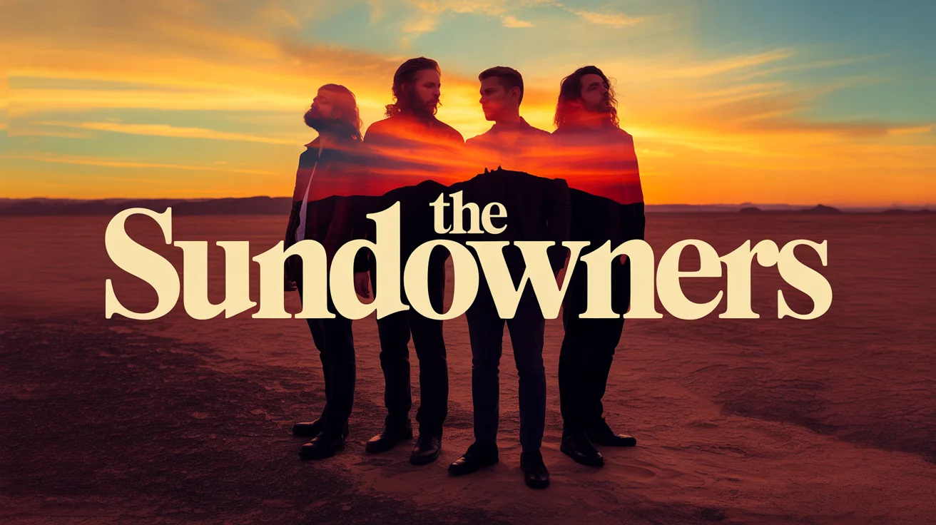 A professionally designed Bandcamp banner for a fictional band called 'THE SUNDOWNERS', featuring the band silhouetted against a desert sunset with their name in a bold font.