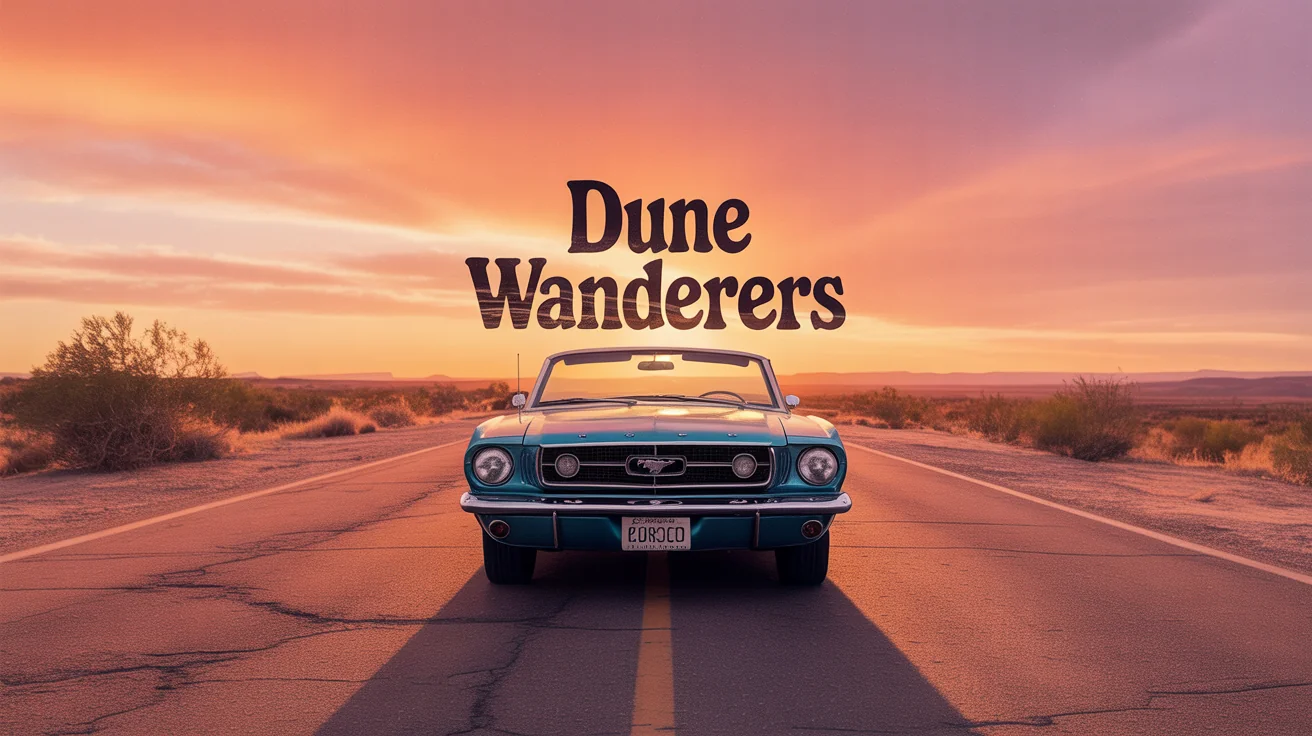 A mockup of a wide-format Bandcamp banner for the fictional indie band 'Dune Wanderers', featuring a retro photo of a convertible in the desert at sunset.