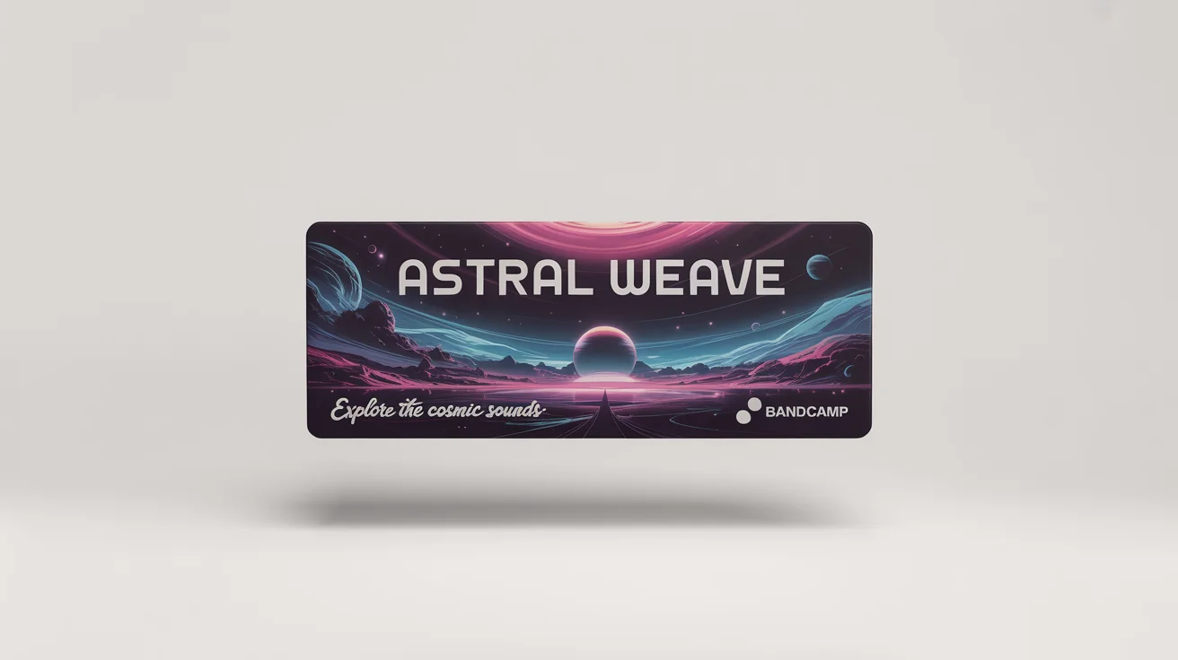 A mockup of a wide Bandcamp banner for a fictional band called 'Astral Weave', featuring a cosmic landscape design with planets and nebulae, displayed against a plain white background.