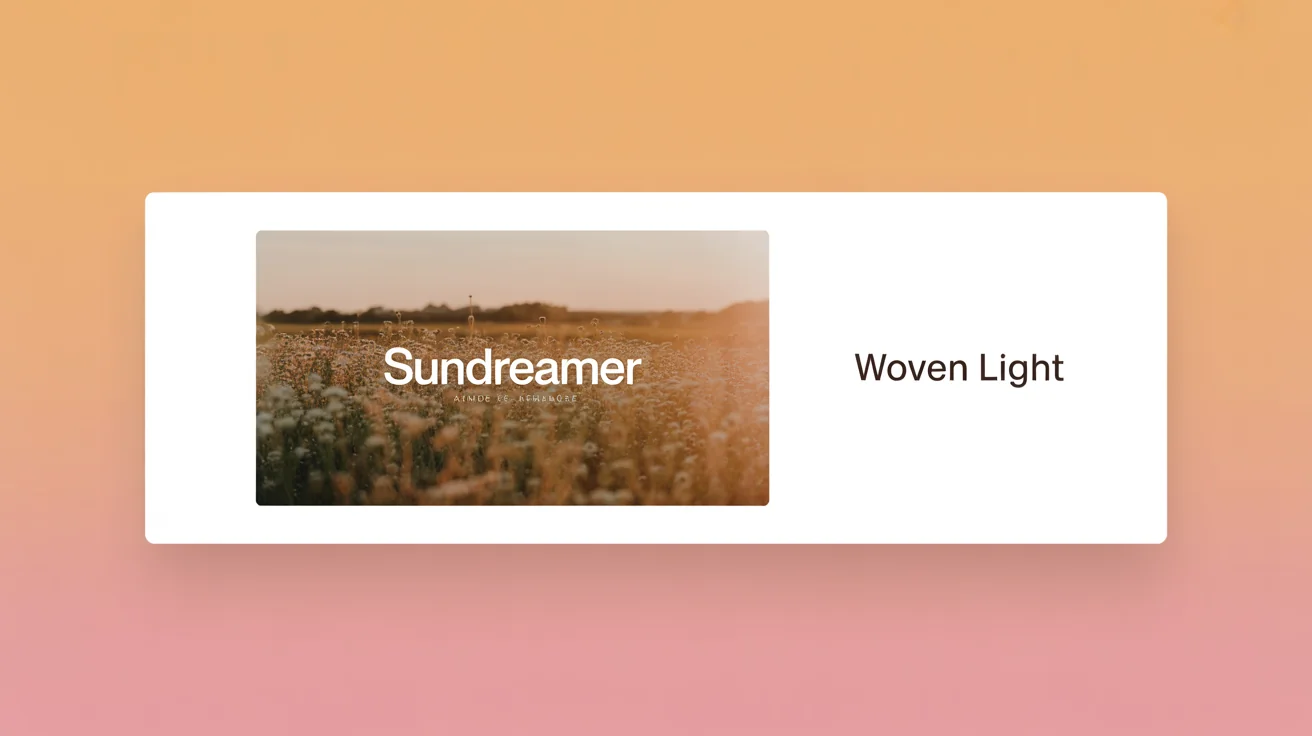 A mockup of a wide, panoramic Bandcamp banner for a fictional band called 'Sundreamer', featuring a hazy photo of a wildflower field at sunset and the album title 'Woven Light', set against a white background.