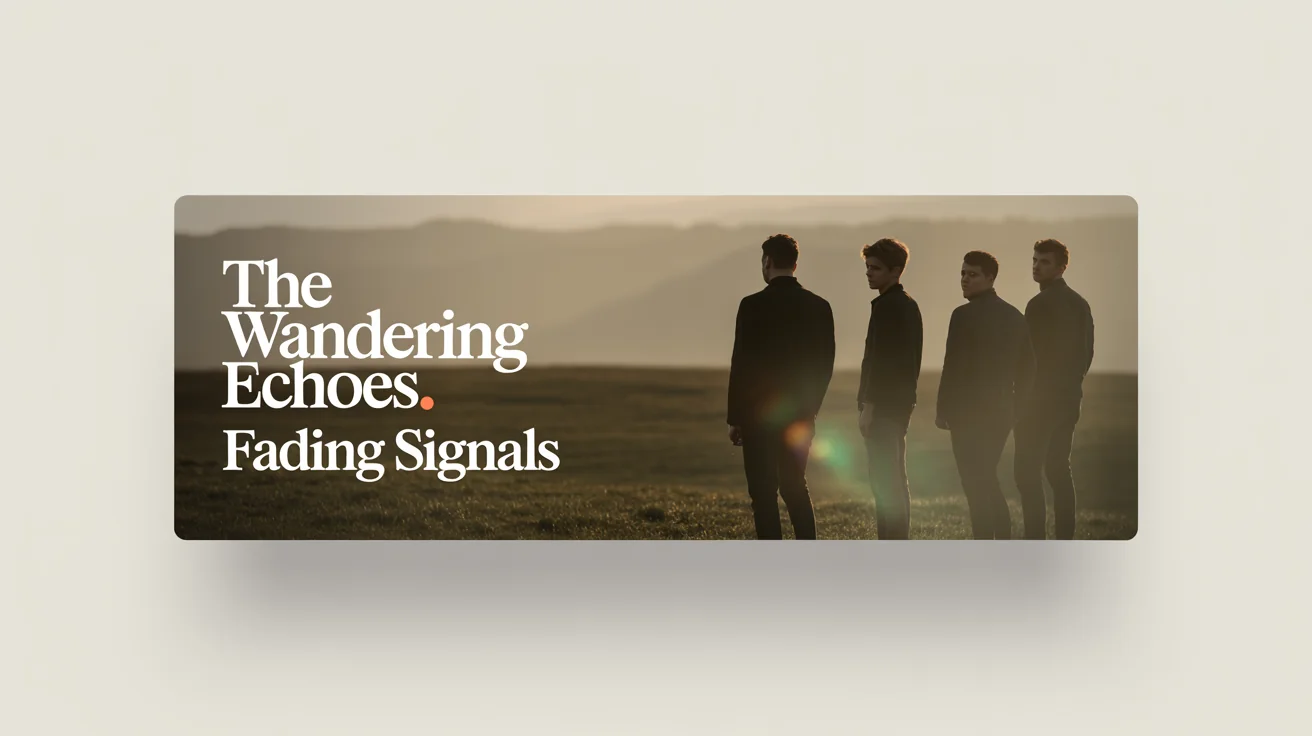 A mockup of a Bandcamp music banner for the fictional band 'The Wandering Echoes', shown against a white background. The banner features an atmospheric photo of the band in a field at sunrise.