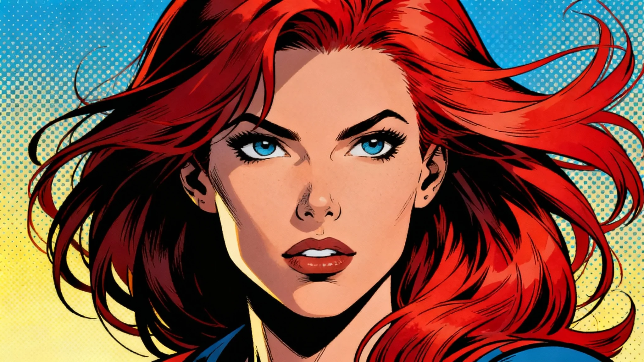 An eye-catching digital portrait of a woman with red hair, created in a modern comic book art style with bold lines and vibrant colors.
