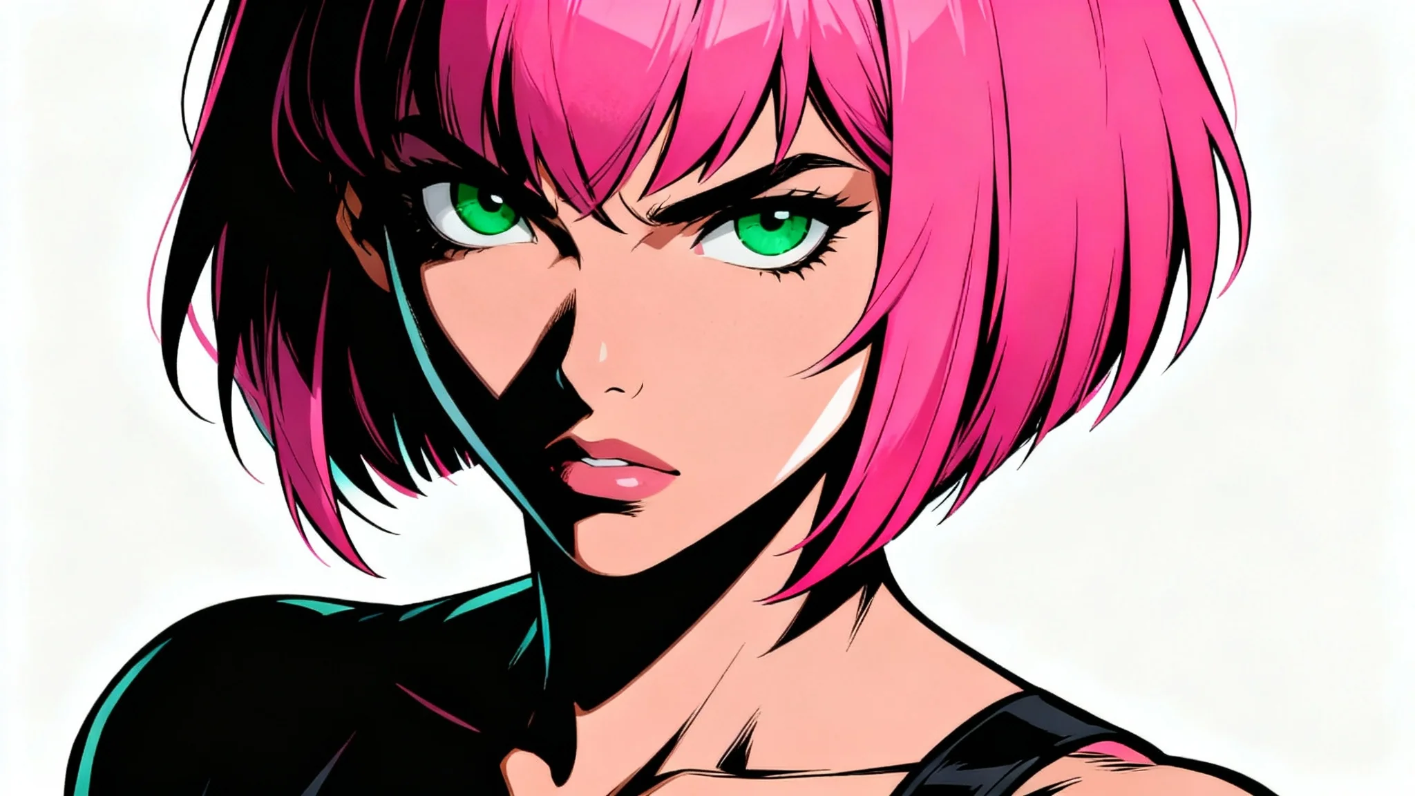 A close-up comic book illustration of a woman with vibrant pink hair and a determined look, set against a clean white background.