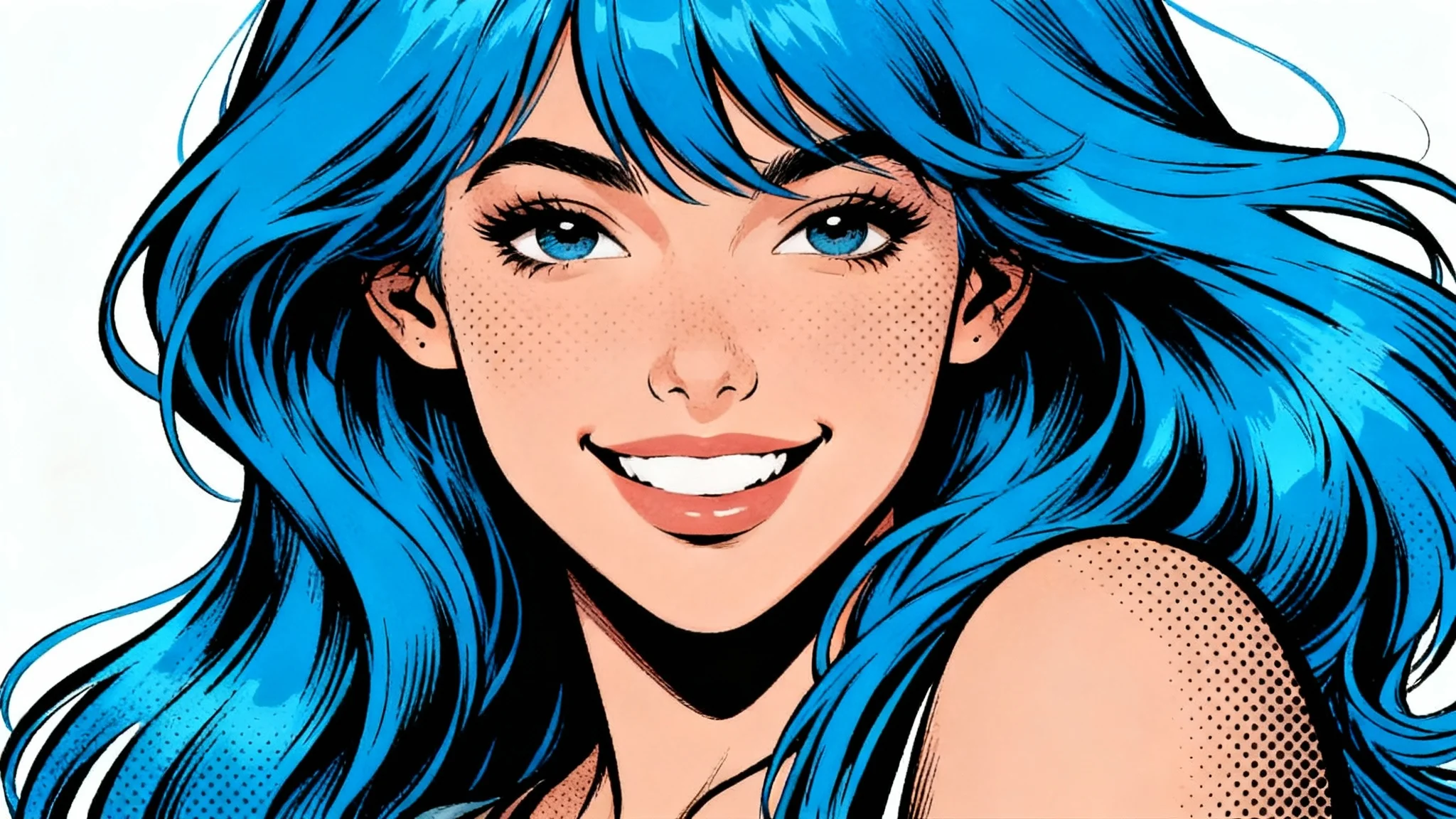 A close-up portrait of a woman in a vibrant, pop art comic book style, featuring blue hair, bold black outlines, and halftone dot shading, set against a solid white background.