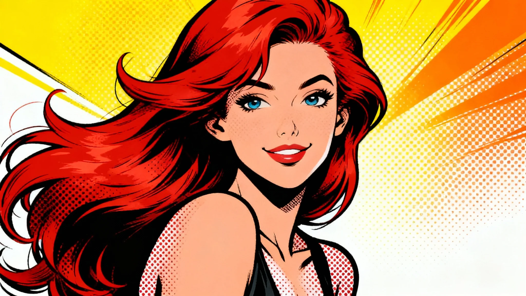 A close-up comic book style portrait of a woman with vibrant red hair and a confident expression, set against a yellow pop art background, all on a clean white surface.