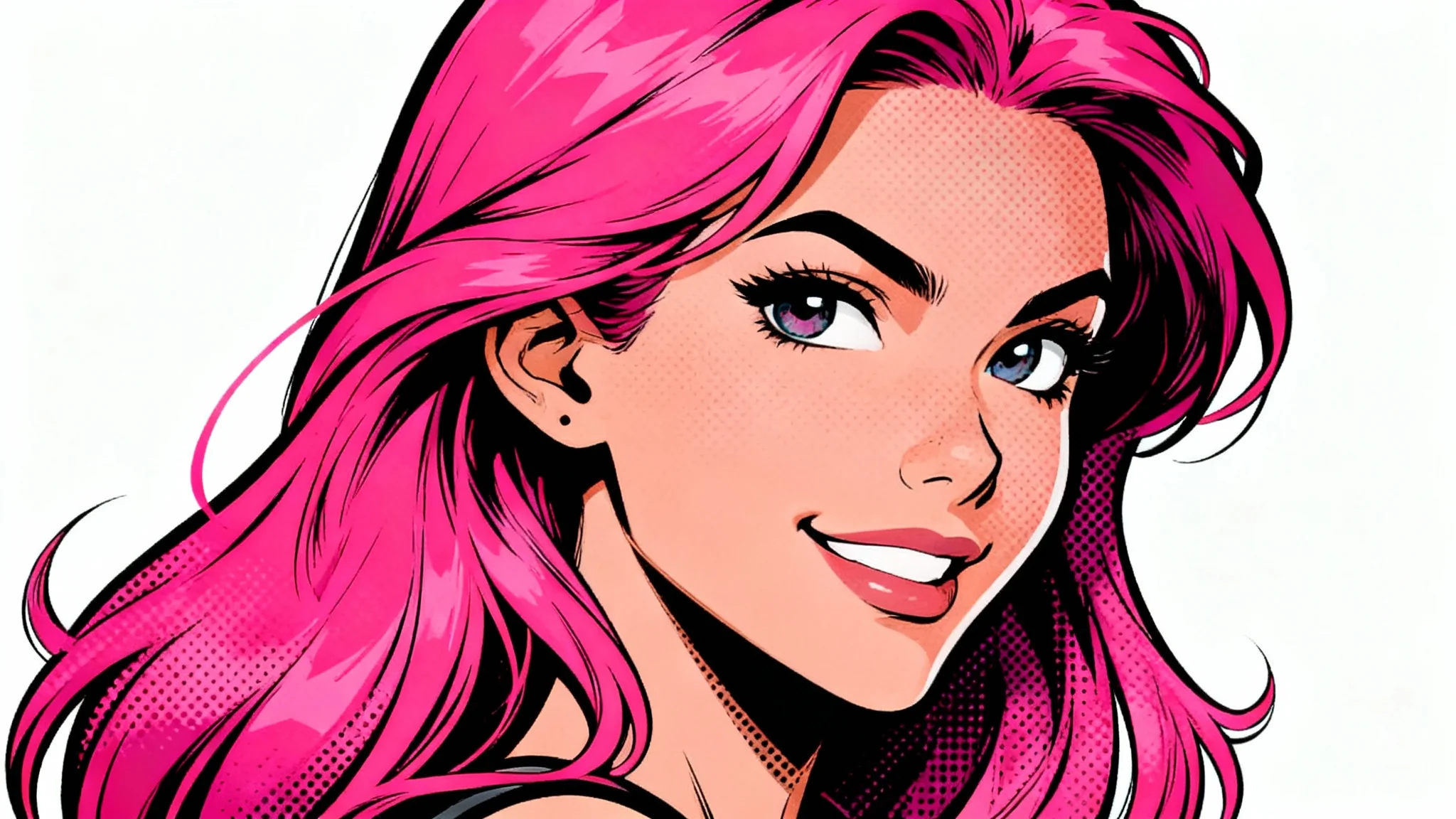 A modern comic book style portrait of a woman with vibrant pink hair and a confident expression, set against a plain white background.