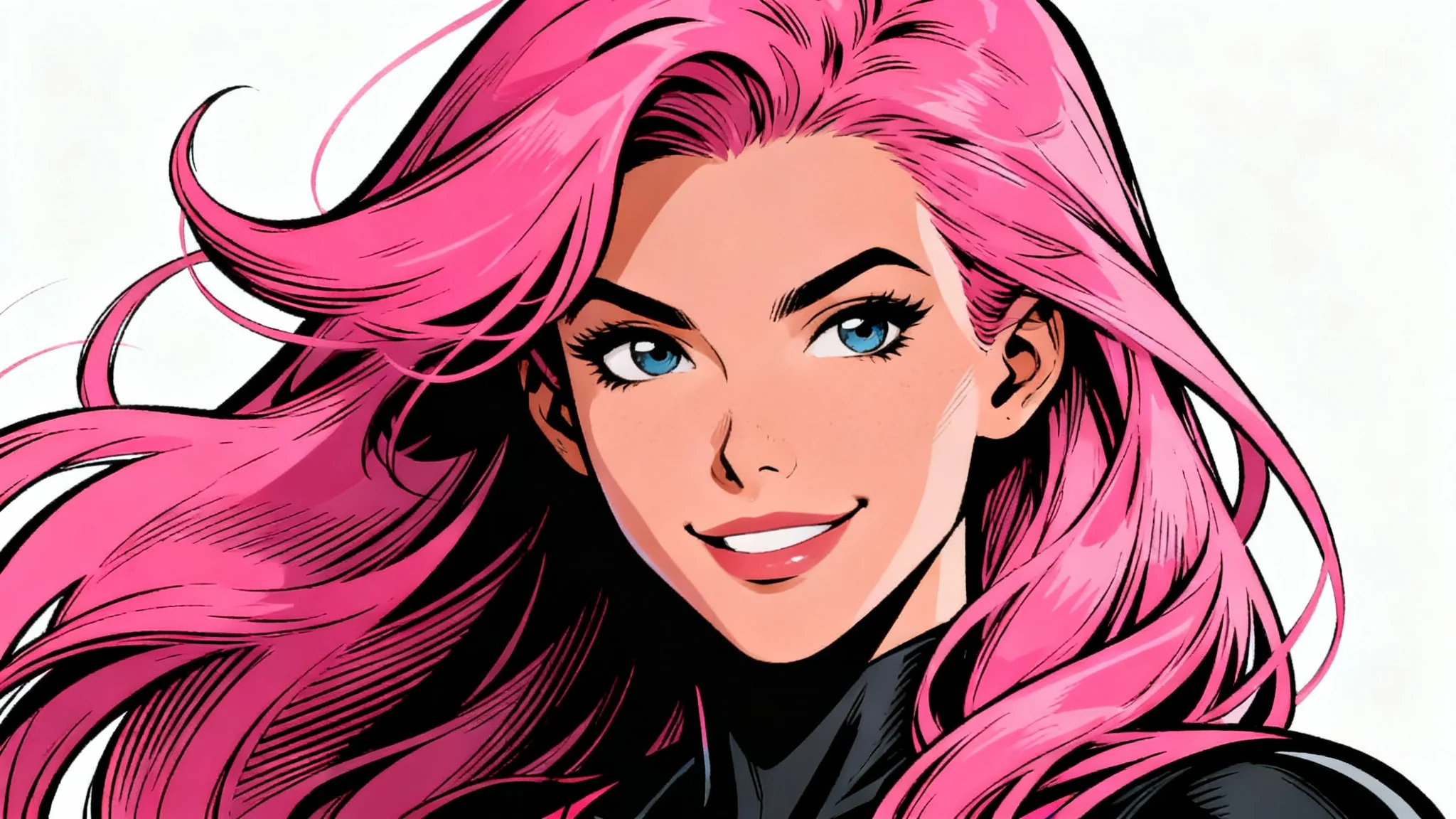 A modern comic book style illustration of a woman with pink hair, portrayed heroically against a stark white background.