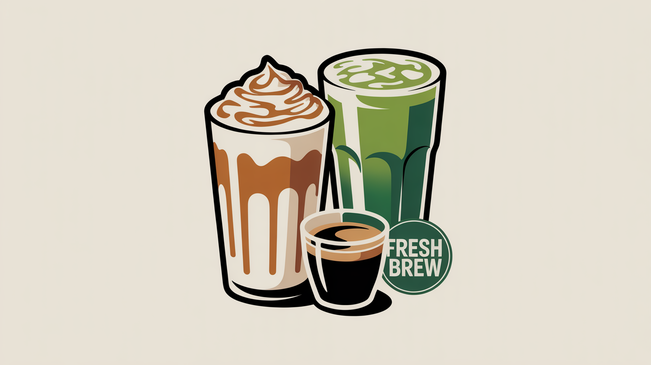 A collection of colorful clipart illustrations of coffee shop drinks, including a caramel macchiato, an iced matcha latte, and an espresso, arranged in a professional, eye-catching layout on a light background.