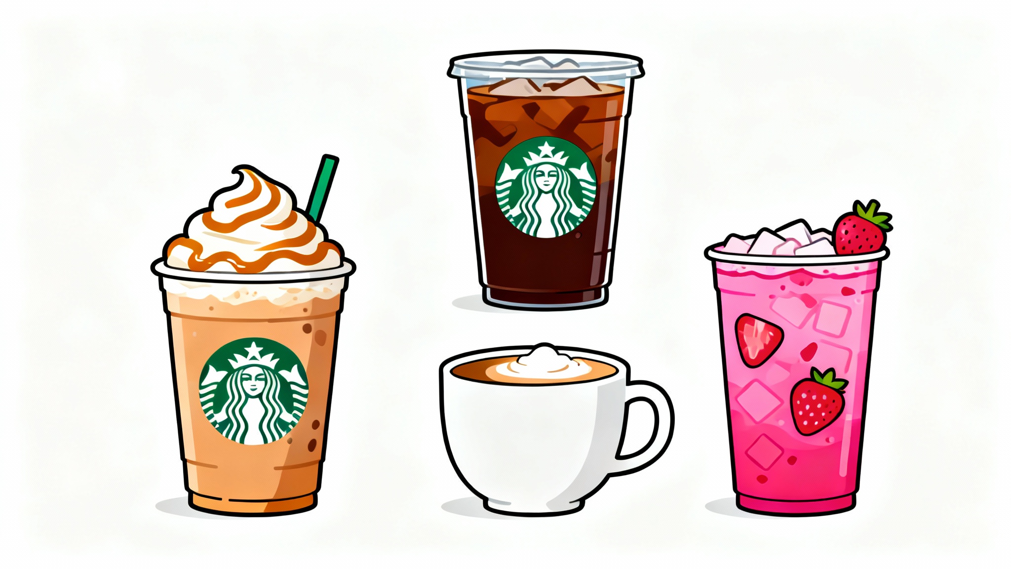 A collection of four Starbucks drinks depicted in a colorful, flat vector clipart style, including a Frappuccino, iced coffee, latte, and a refresher, all on a white background.