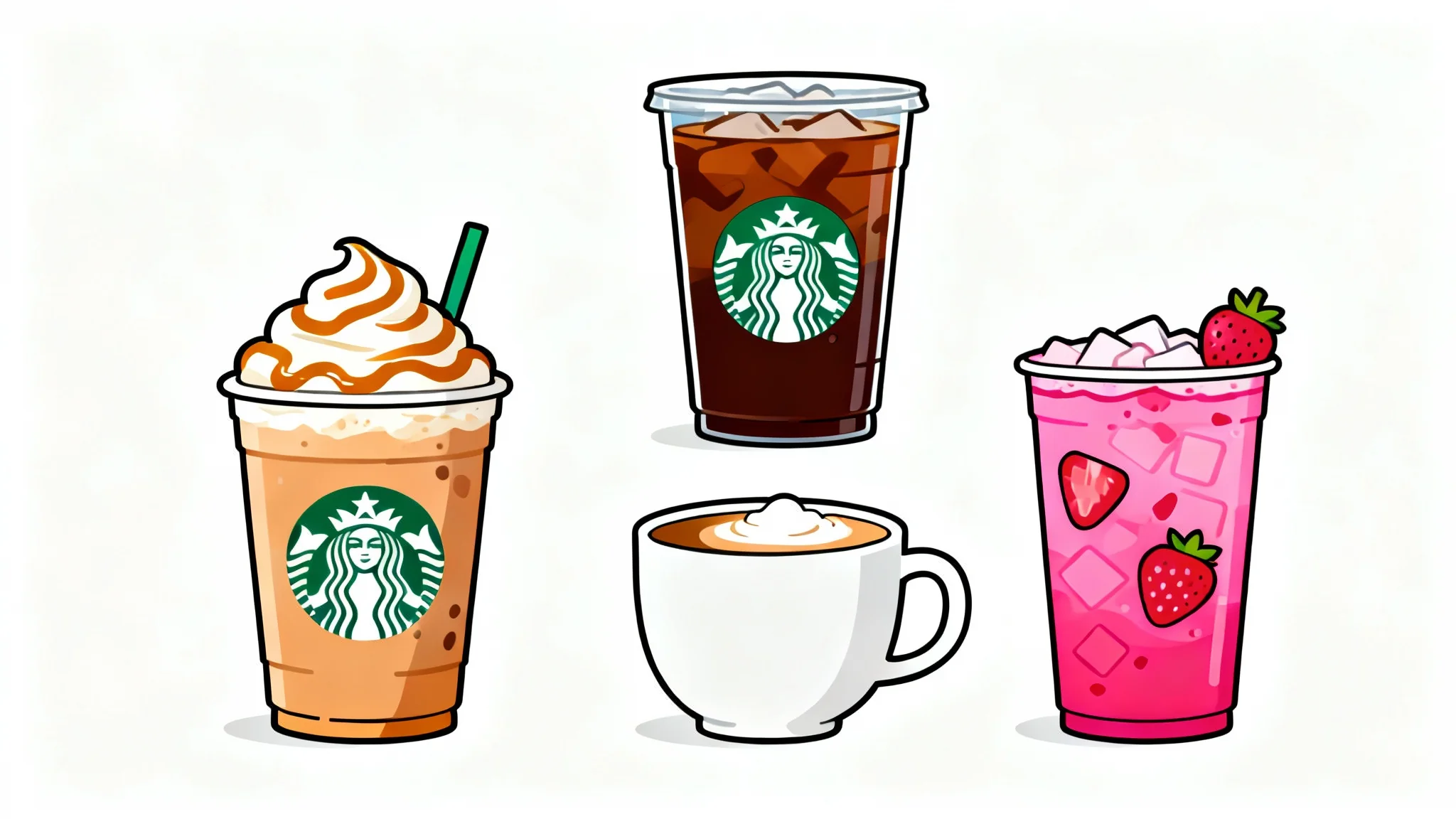 A collection of four Starbucks drinks depicted in a colorful, flat vector clipart style, including a Frappuccino, iced coffee, latte, and a refresher, all on a white background.