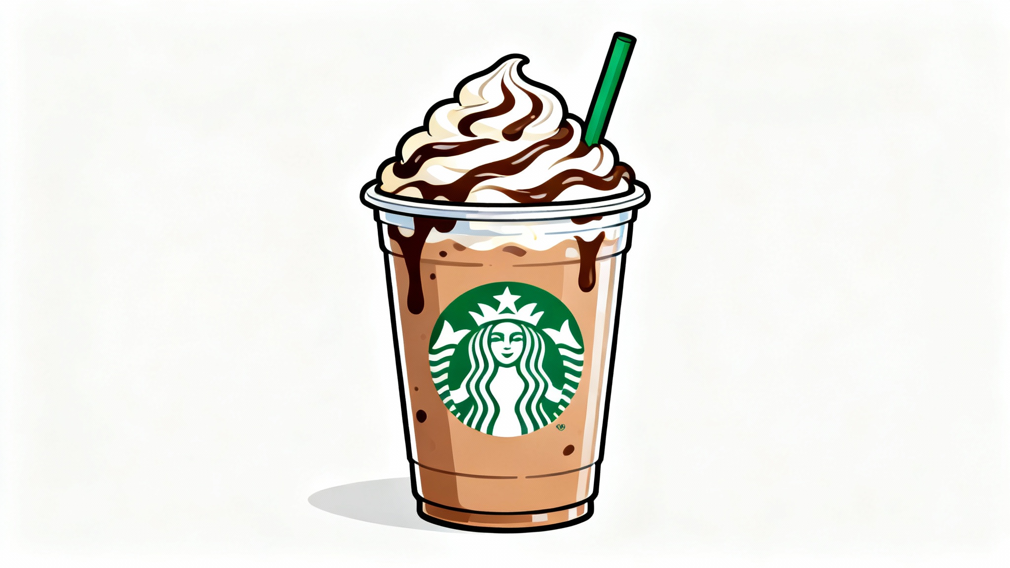 A vibrant clipart illustration of a Starbucks Frappuccino with whipped cream and a green straw, set against a clean white background.