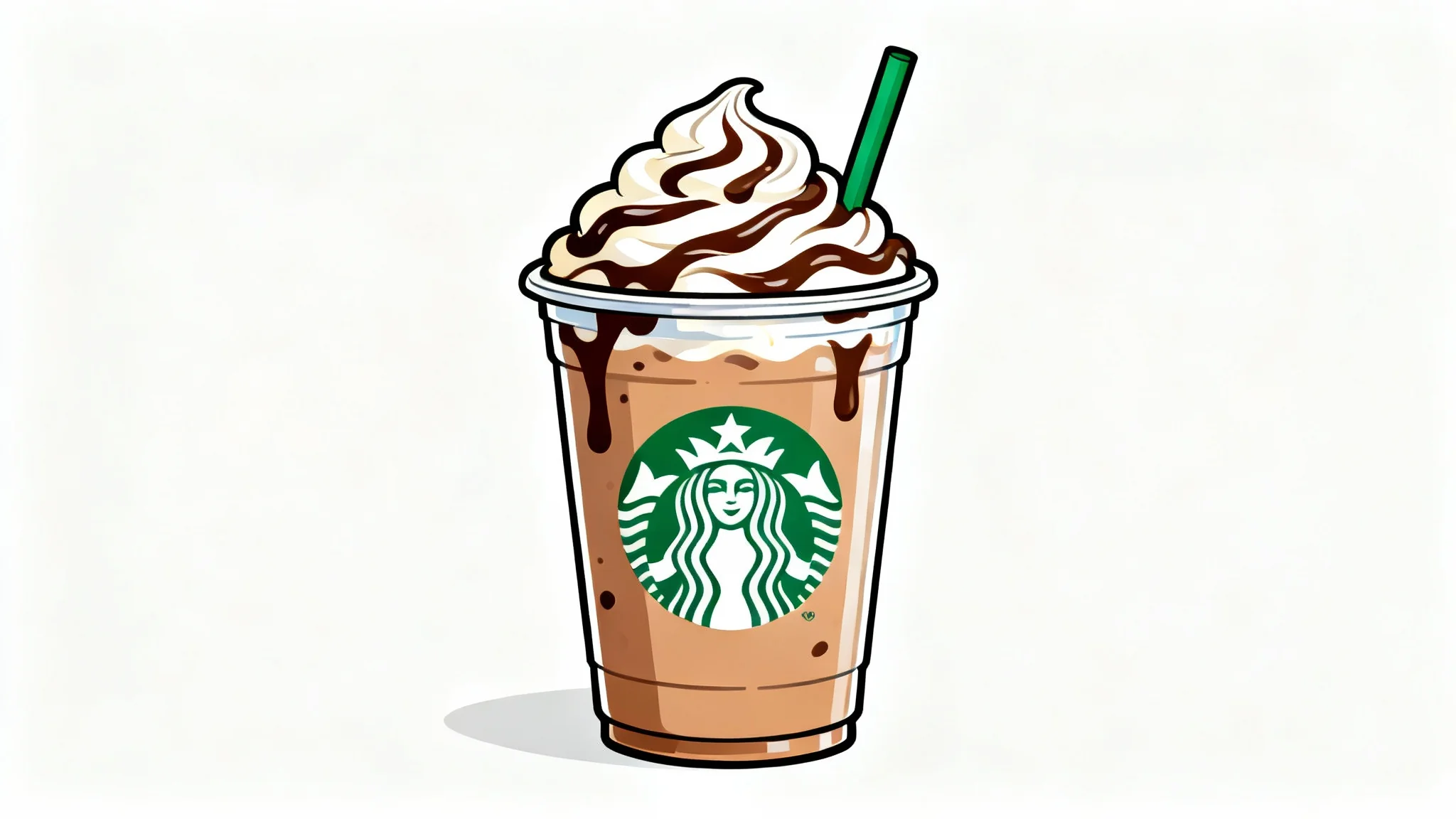 A vibrant clipart illustration of a Starbucks Frappuccino with whipped cream and a green straw, set against a clean white background.