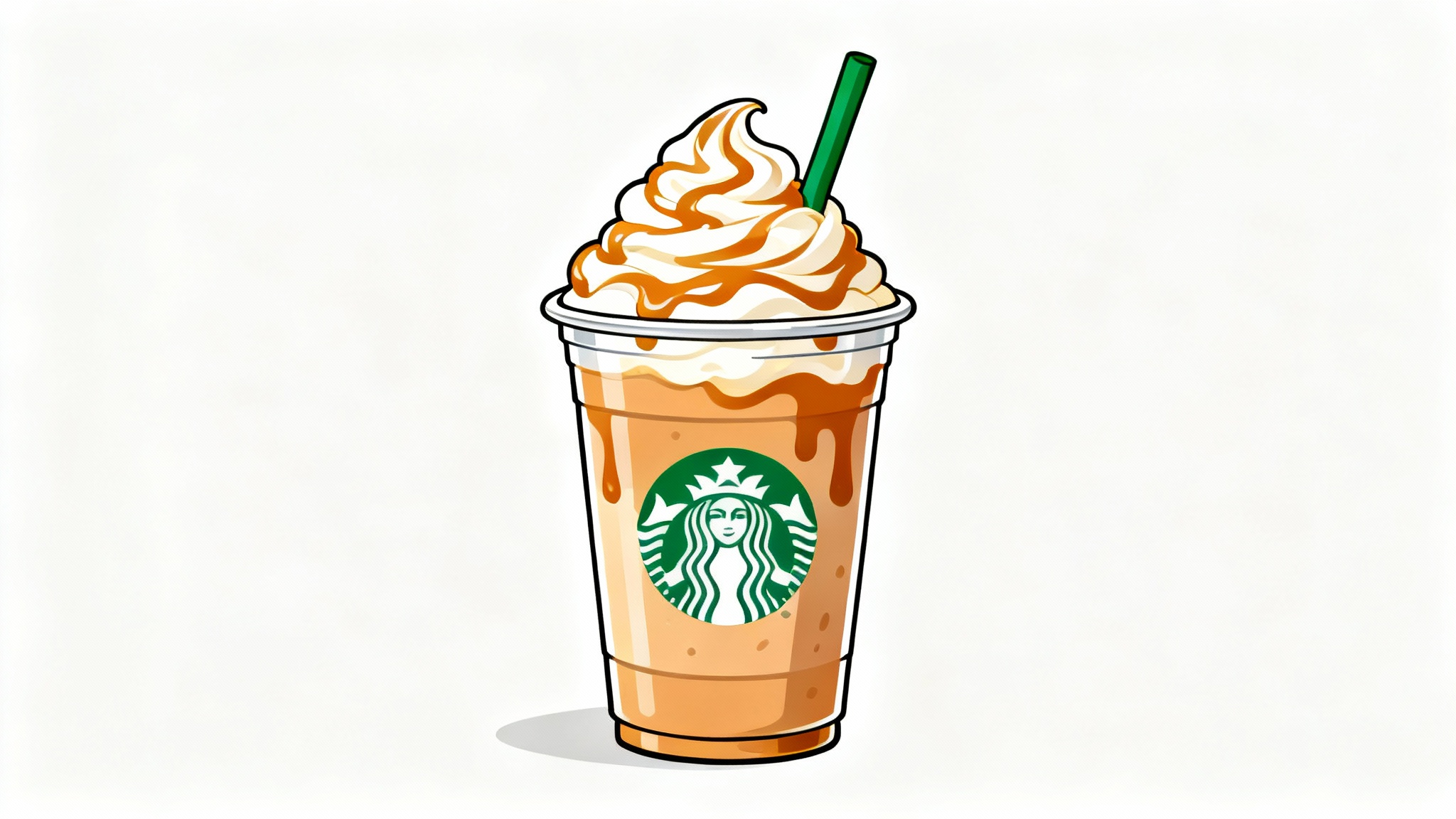 A vector clipart illustration of a caramel frappuccino with whipped cream and a green straw, isolated against a plain white background.
