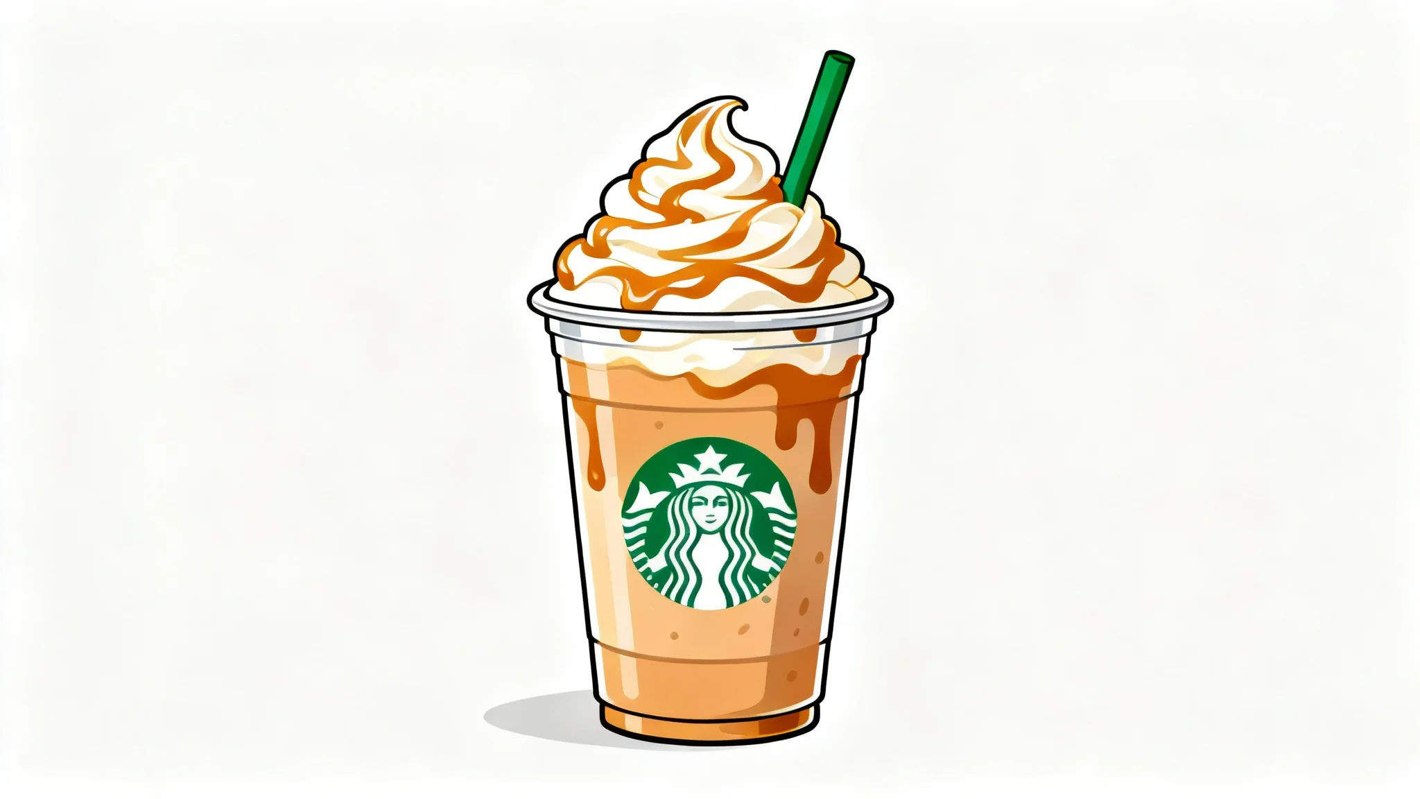 A vector clipart illustration of a caramel frappuccino with whipped cream and a green straw, isolated against a plain white background.