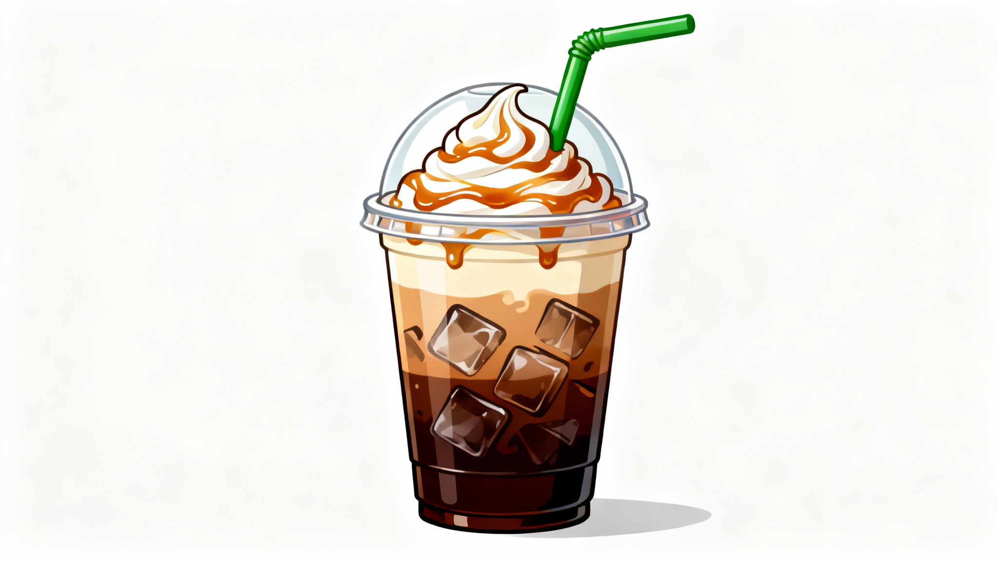 A digital clipart illustration of a Starbucks-style iced coffee drink with whipped cream and caramel drizzle in a clear cup with a green straw, against a white background.