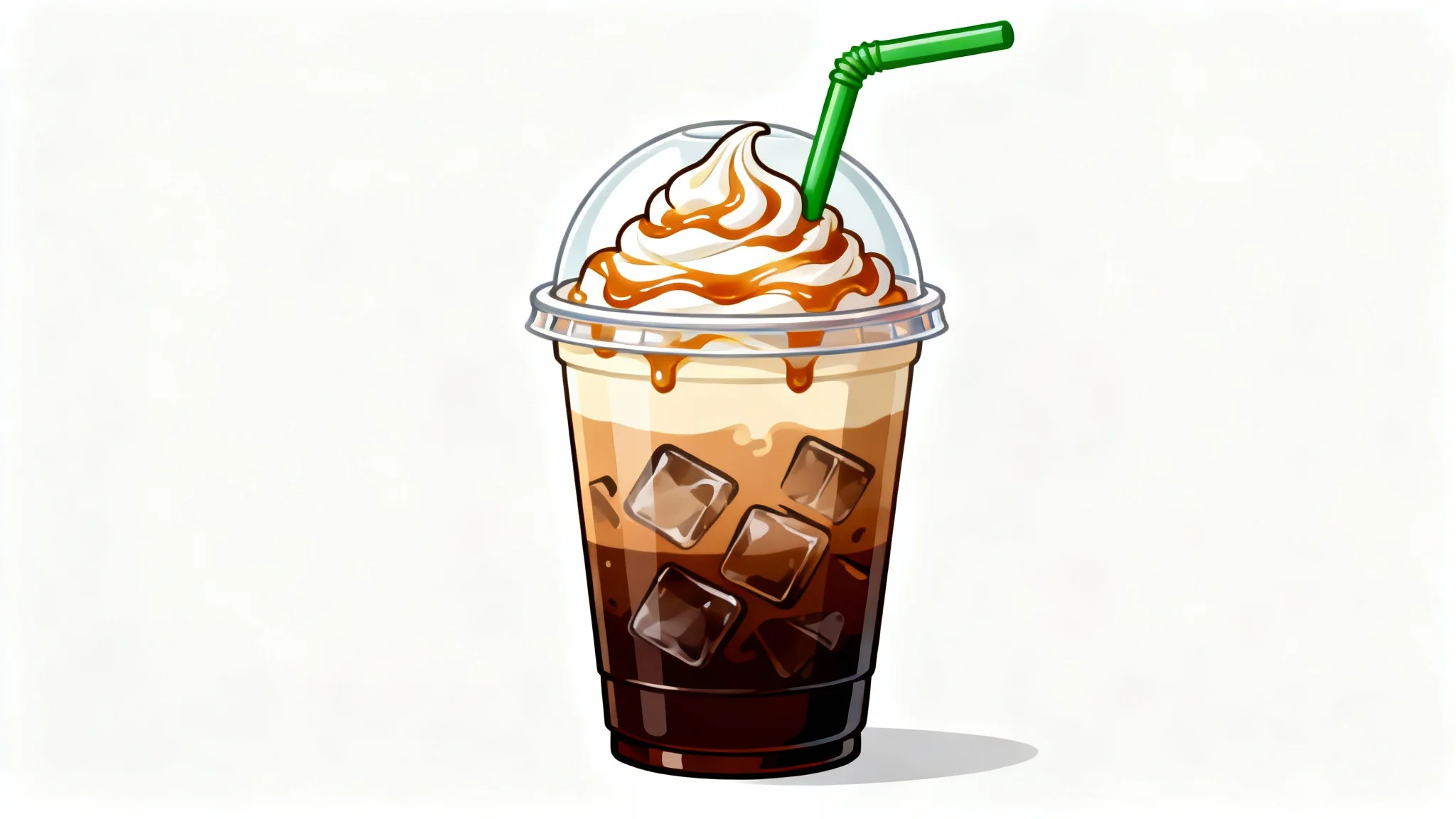 A digital clipart illustration of a Starbucks-style iced coffee drink with whipped cream and caramel drizzle in a clear cup with a green straw, against a white background.