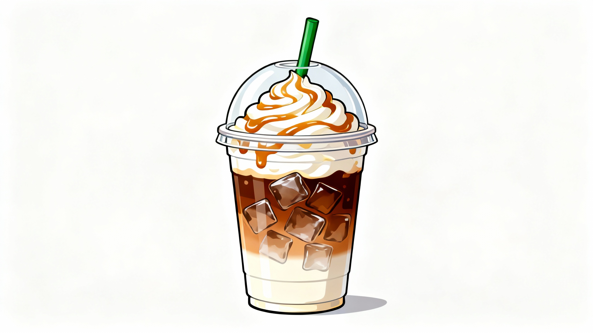 A colorful clipart illustration of a Starbucks iced coffee with whipped cream and a green straw, presented against a clean white background.