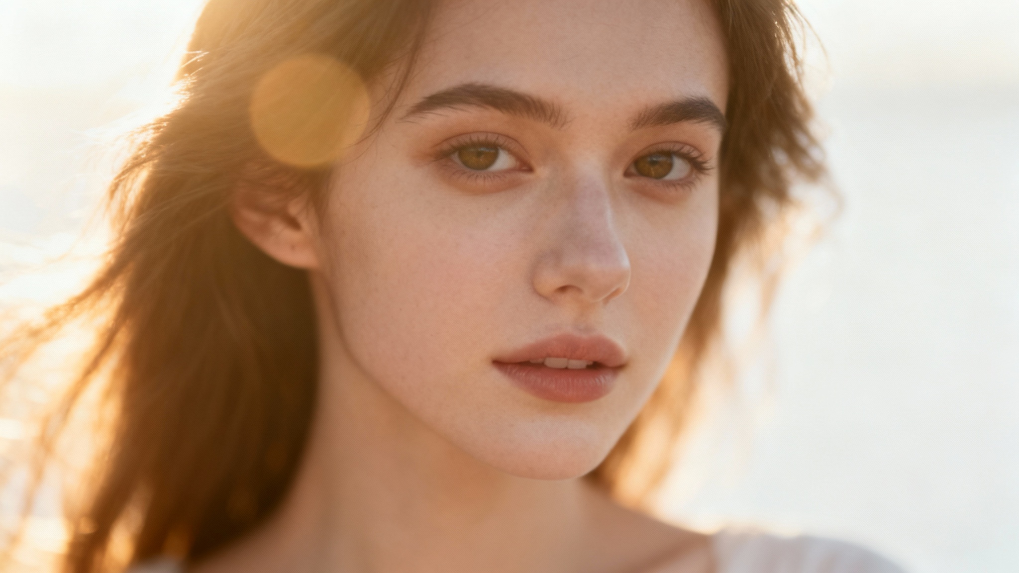 A beautiful soft focus portrait of a woman at golden hour, with her eyes in sharp focus and the background blurred into a dreamy haze, presented against a clean white background.
