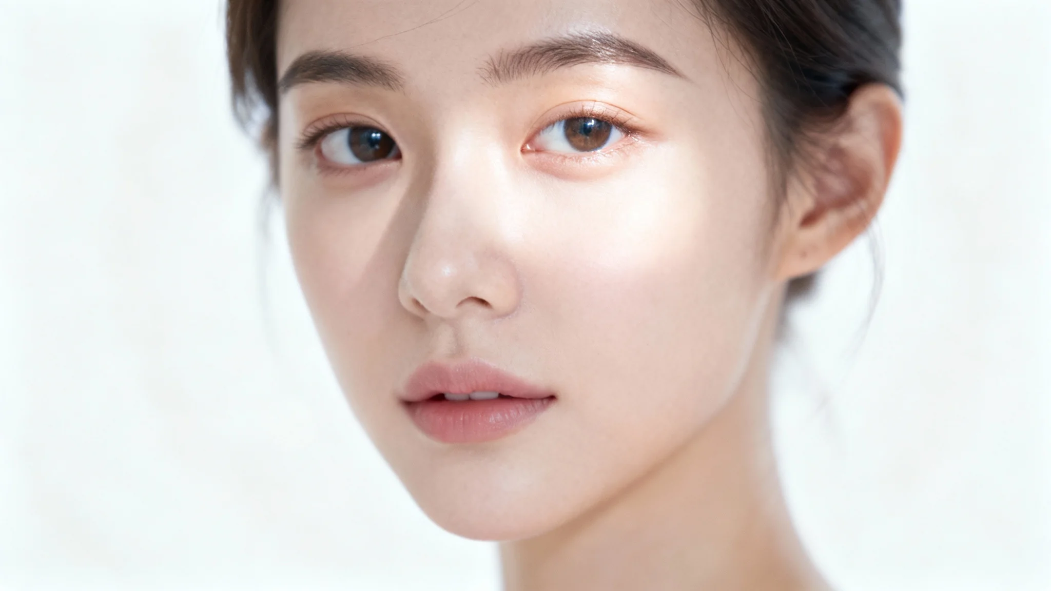 A beautiful soft focus portrait of a woman's face, with her eyes in sharp focus and the background artistically blurred. The lighting is soft and flattering, creating a calm and serene mood, all set against a clean white background.