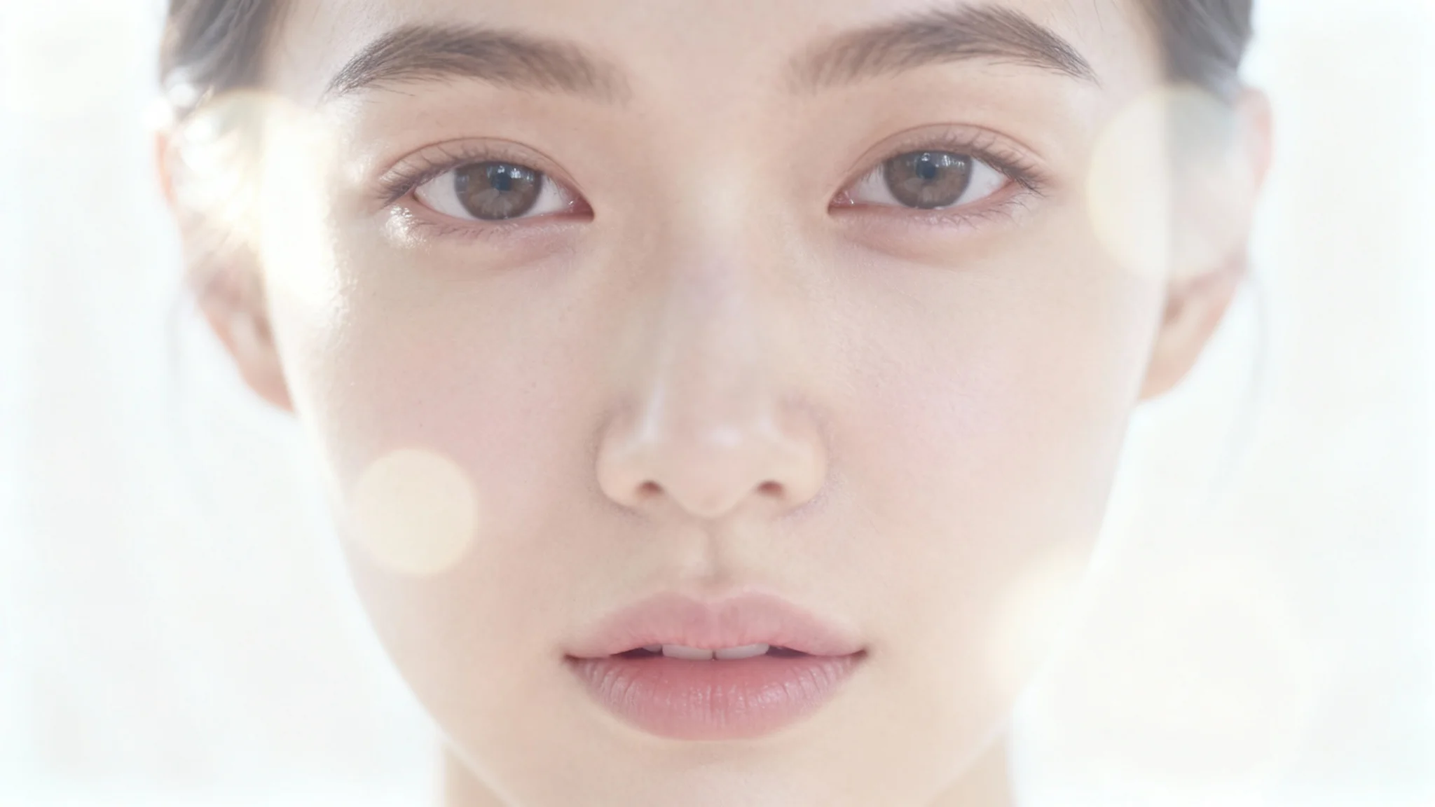 A photorealistic close-up portrait of a woman with a serene look. Her eyes are in sharp focus, while her features and the white background are softly blurred, creating a dreamy, soft-focus effect.