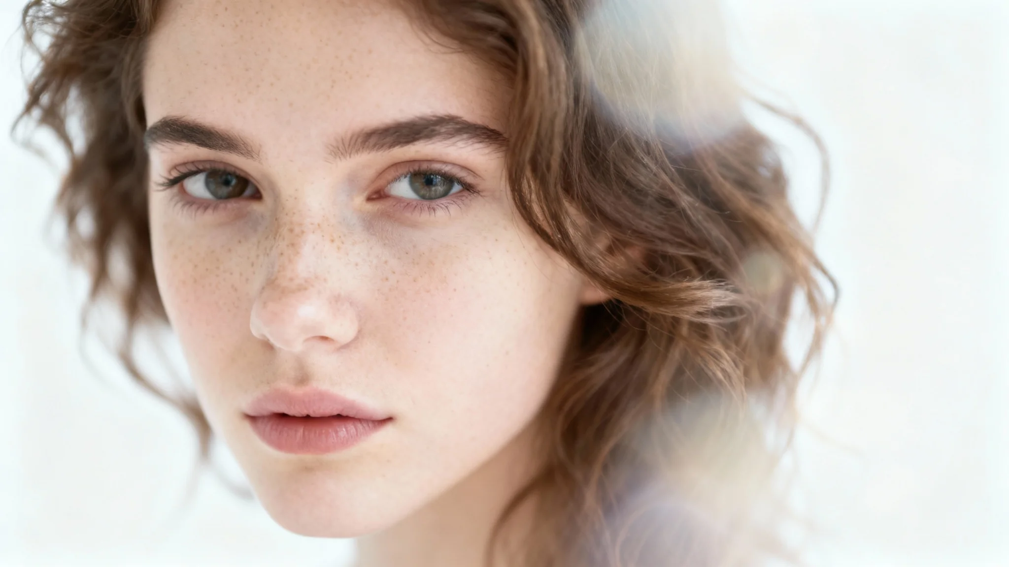 A close-up soft focus portrait of a woman with wavy brown hair, her eyes in sharp focus while the rest of the image has a dreamy blur, all set against a plain white background.