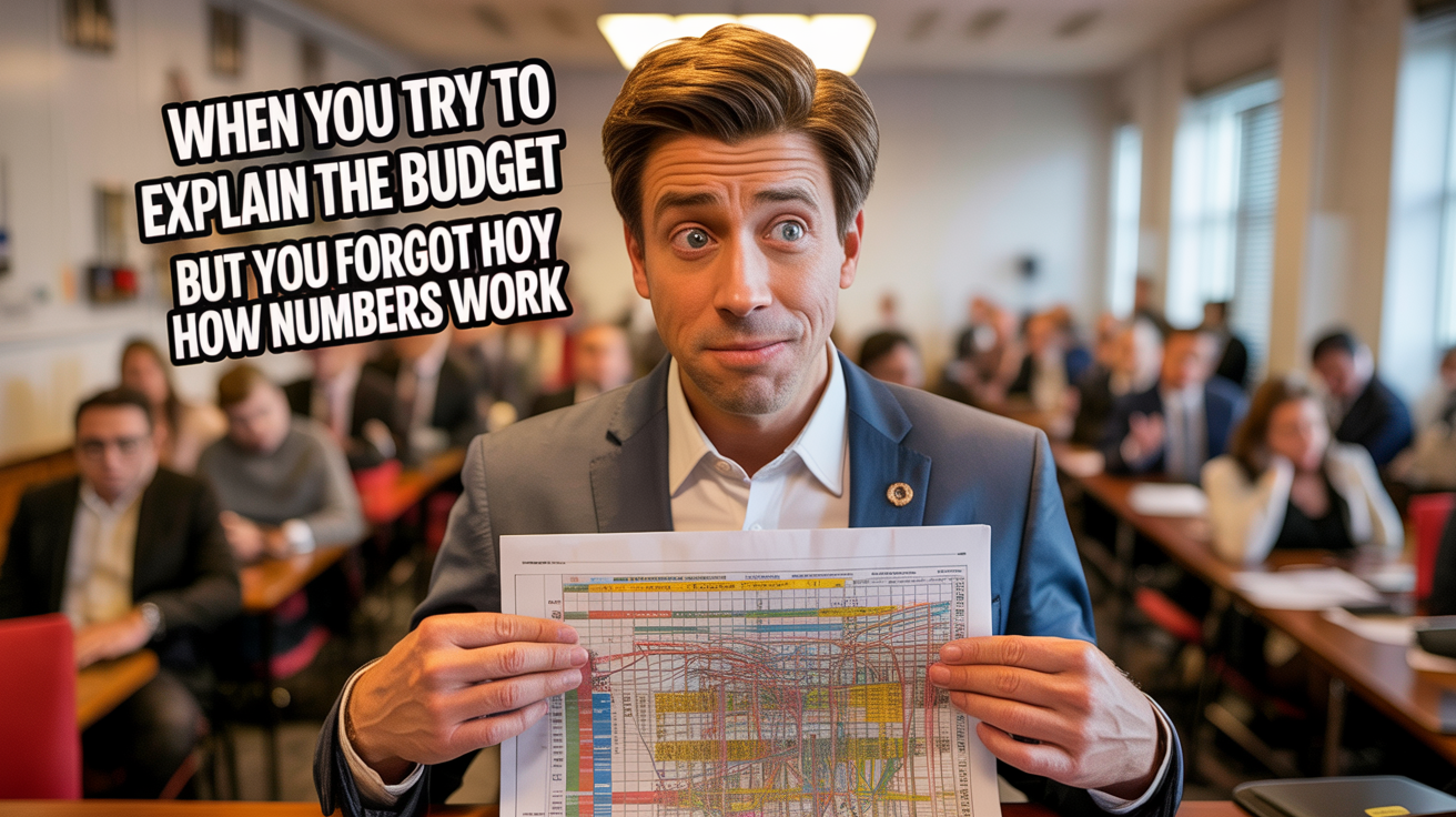 A political meme showing a confused politician pointing at a chart. The caption reads 'WHEN YOU TRY TO EXPLAIN THE BUDGET BUT YOU FORGOT HOW NUMBERS WORK'.