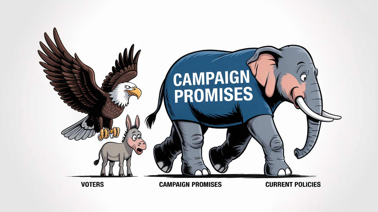 A political meme parodying the 'Distracted Boyfriend' format, featuring a cartoon eagle representing 'Voters' looking away from a donkey representing 'Current Policies' towards an elephant representing 'Campaign Promises'.