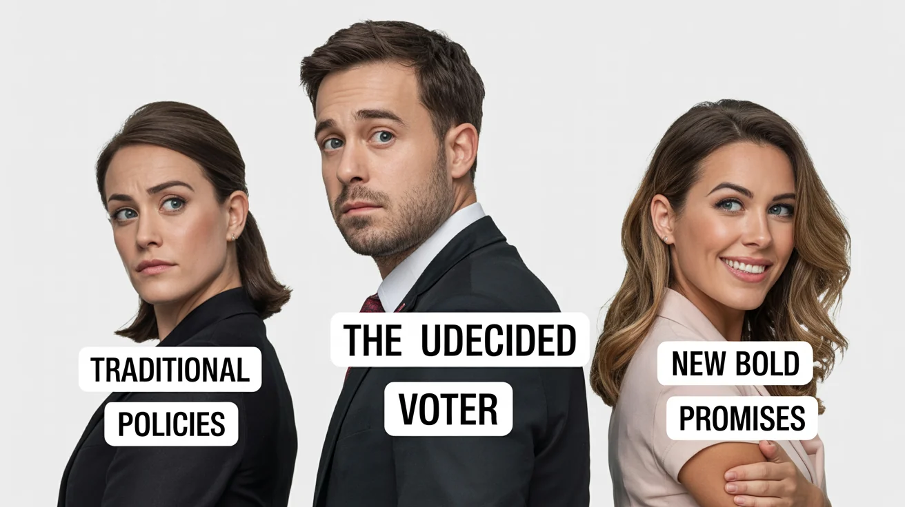 A political meme mockup in the 'distracted boyfriend' format. A man labeled 'The Undecided Voter' is distracted by a woman labeled 'New Bold Promises', while his partner, labeled 'Traditional Policies', looks on disapprovingly.